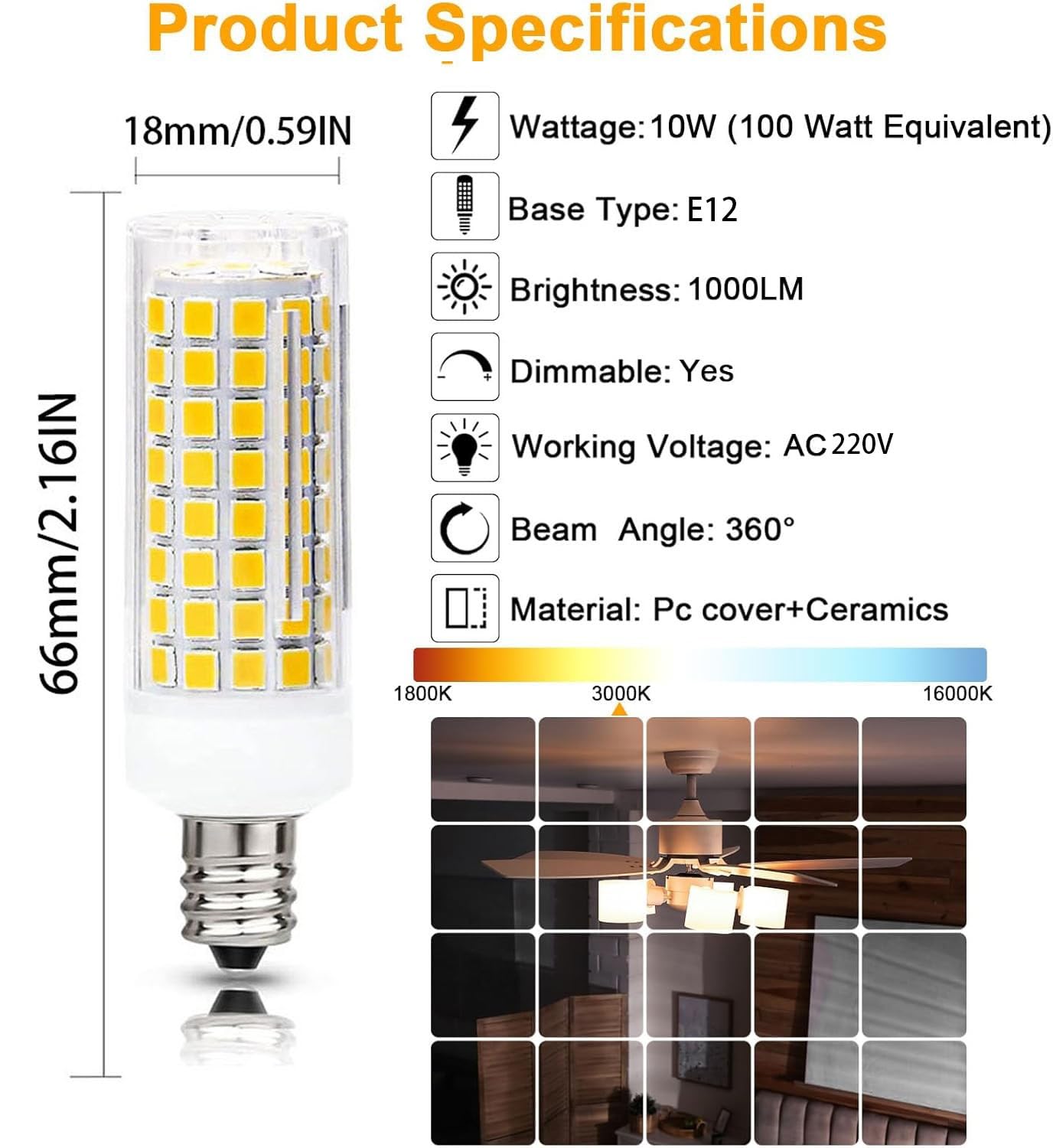 Żarówka LED, Żarówka LED E17 10 W, ekwiwalent, AC220 V, 5 sztuk, kąt wiązki 360°, ściemnialna, 1000 lm