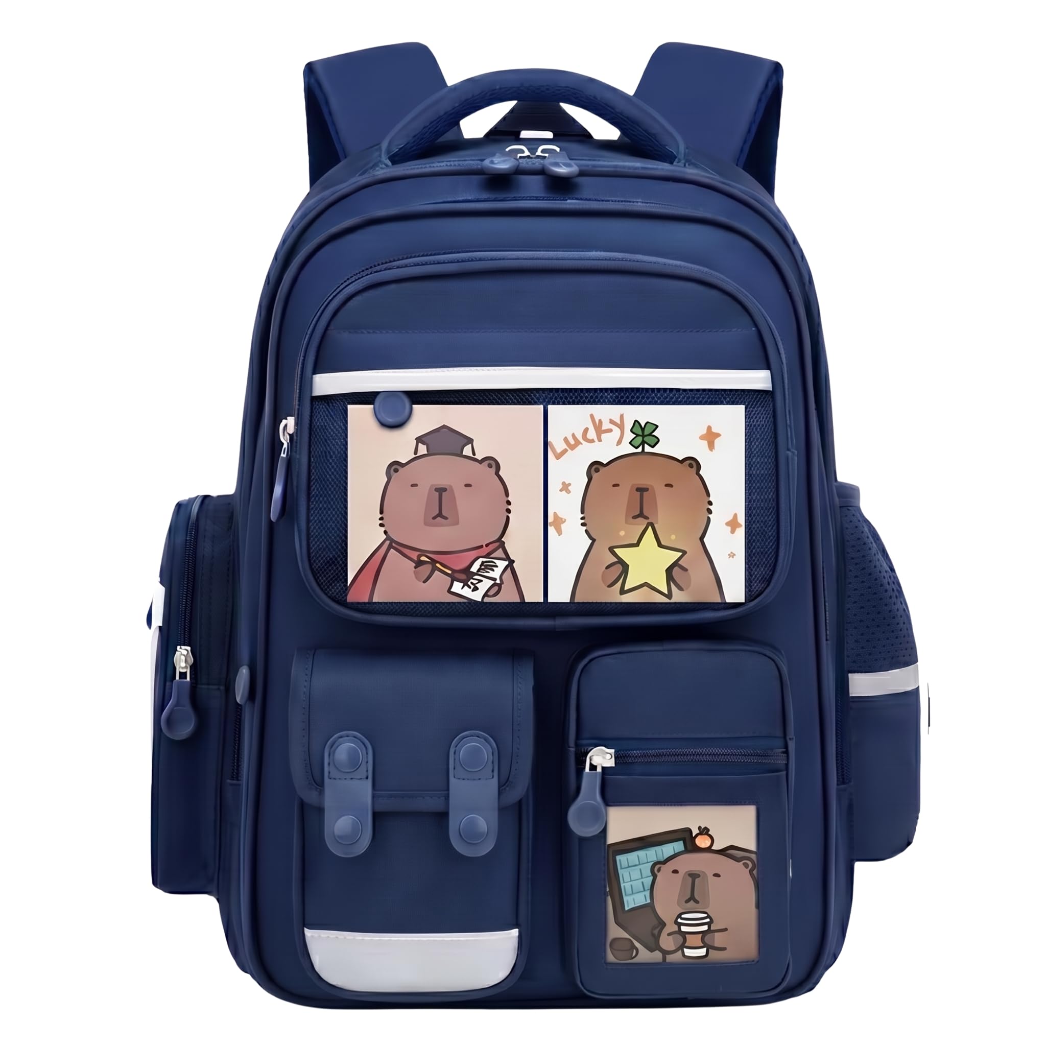 35L Capybara School Bag for Kids | 3 Swappable Cartoon Cards with Clear Window Pockets | Multi Compartment Backpack with Reflective Strips | Boys & Girls | Class 5 to 8 | 42X30X20-image-32