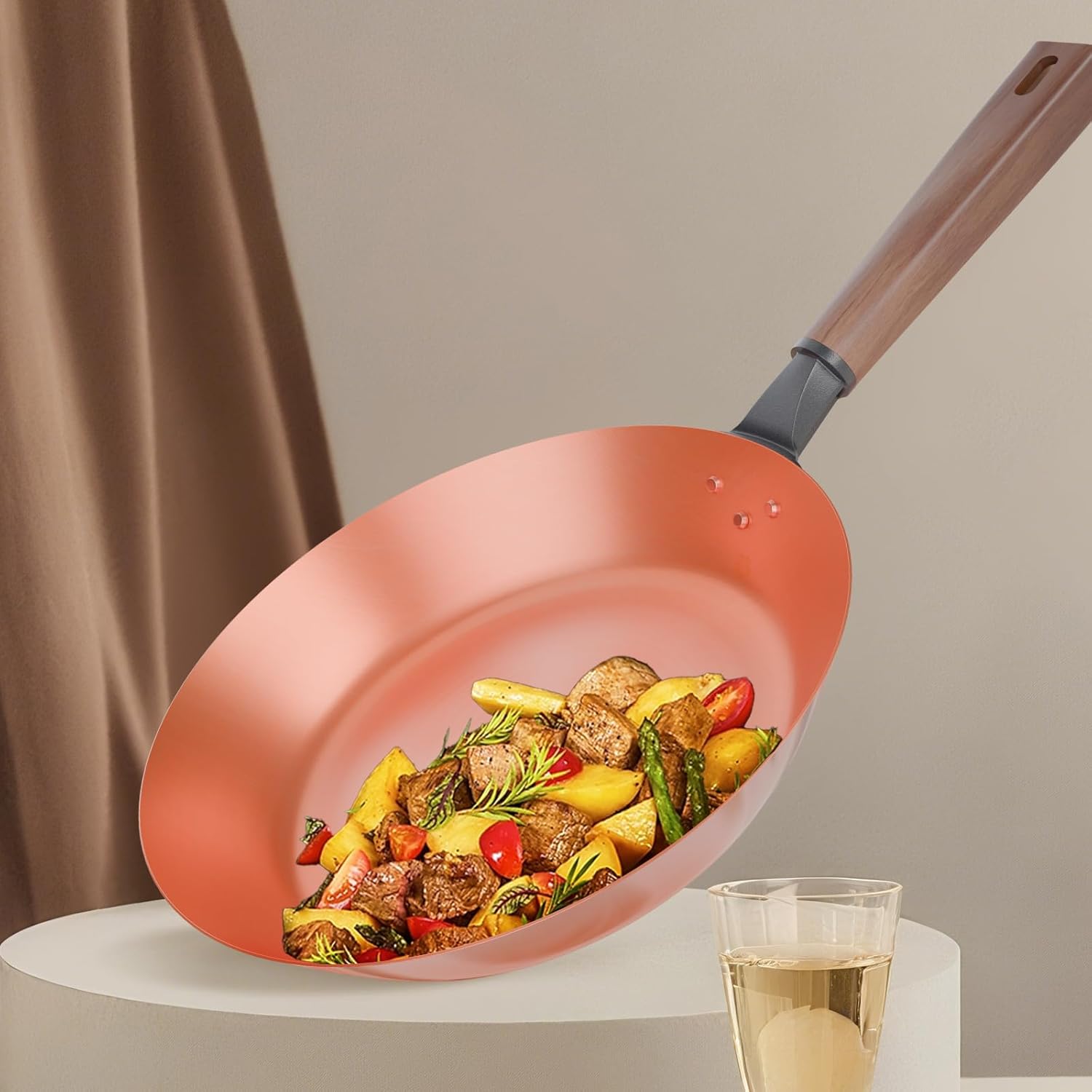 11.2-Inch Handmade Pure Copper Frying Pan - Premium Red Copper Cookware for Professional Cooking