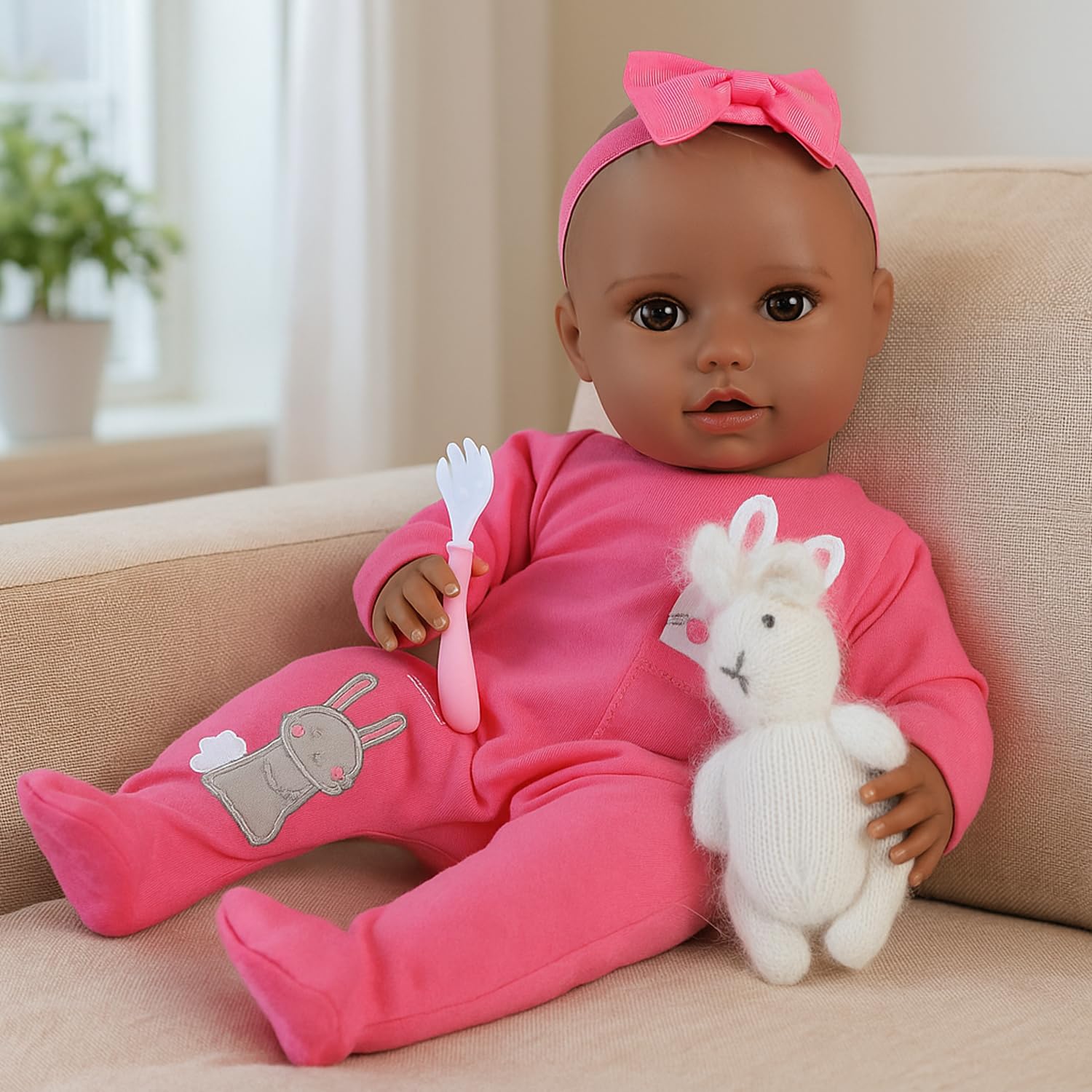 SCOM Baby Dolls Black Girl - 16 Inch Realistic Brown Dolls, Soft Body Real Life Baby Doll, Cute Baby Dolls with Bunny Clothes and Accessories for Ages 3+ Kids Gift, Pretend Play, Dress Up, Collectible