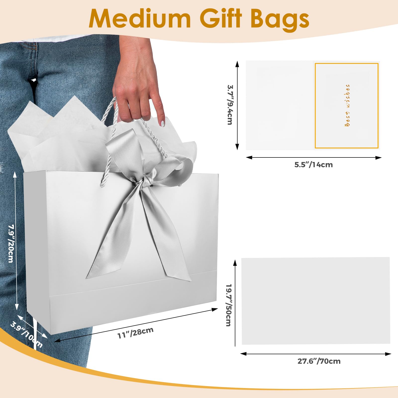 Gfractolux Medium Gift Bags With Tissue Paper, Cards, and Handles - 2 Pcs for Birthdays, Baby Shower, Wedding, Party Favor, Holiday Presents - 11"X7.9"X3.9" (Silver)