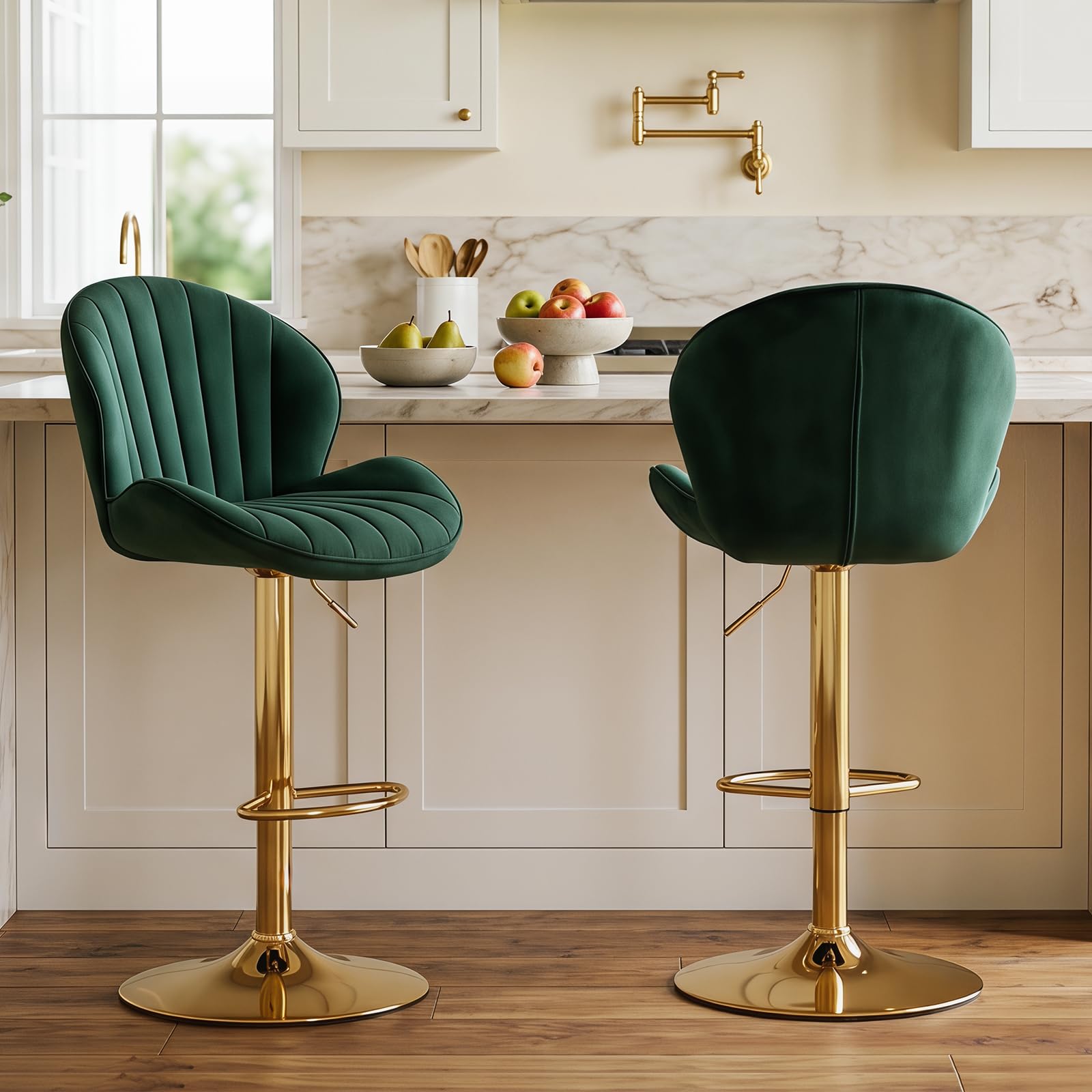 CIMOTA Velvet Green Bar Stools Set of 2 Adjustable Height Bar Chairs Modern Swivel Barstools with Shell Shape Back Kitchen Stools for Island/Home Bar/