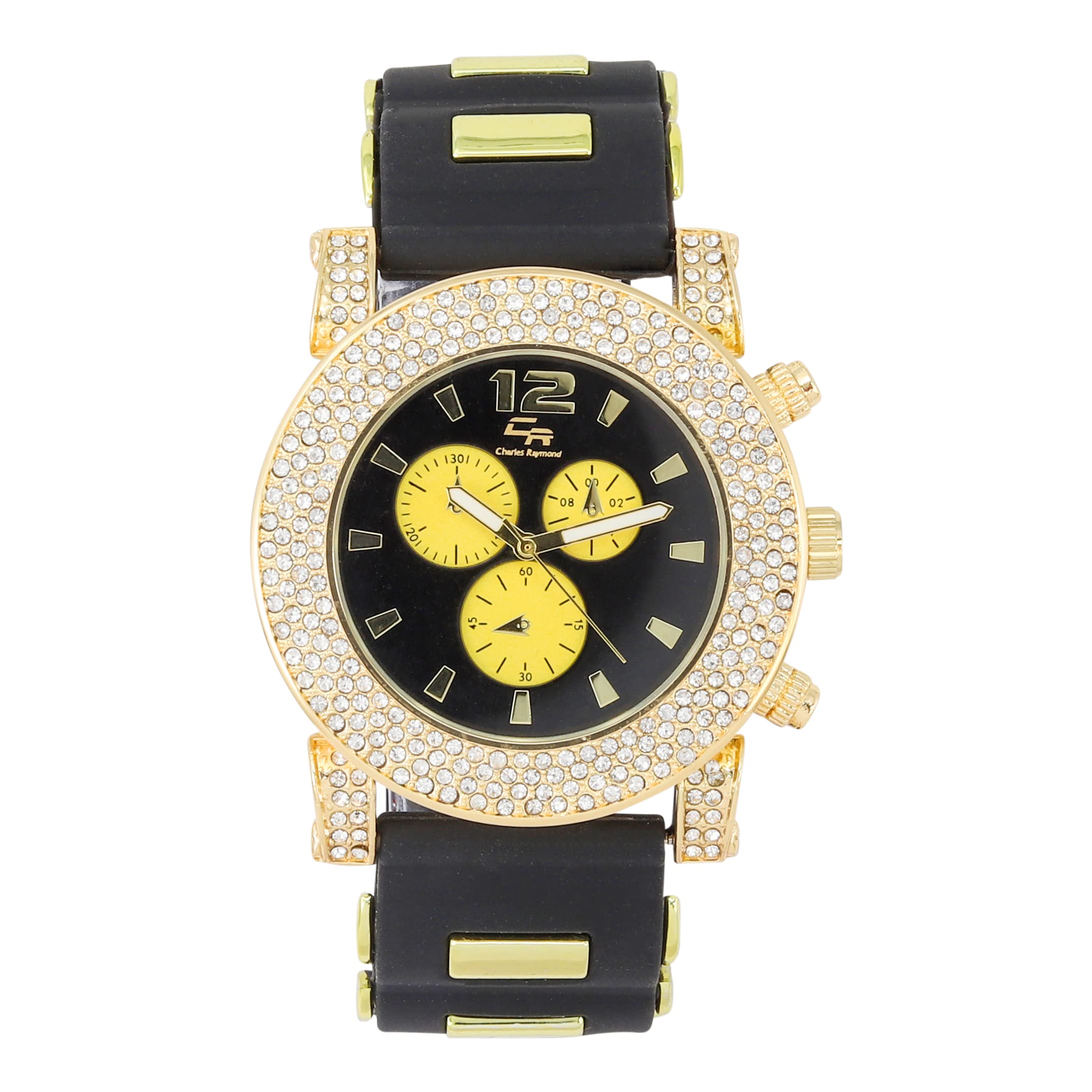 Classic Bullet Rubber Blinged Out Hip Hop Watch w/a Touch of Casual Sporty Colorful Faux Chrono 3 Eyes - Playful MF Iced Out Watch on The House Dance Floor - ST10248