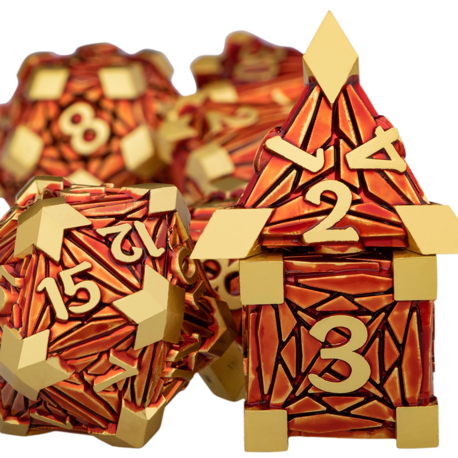 Set di dadi in metallo per DND, colore rosso dorato, per giochi di ruolo, giochi di ruolo, poliedrici, con scatola D20, D12, D10, D8, D6, D4