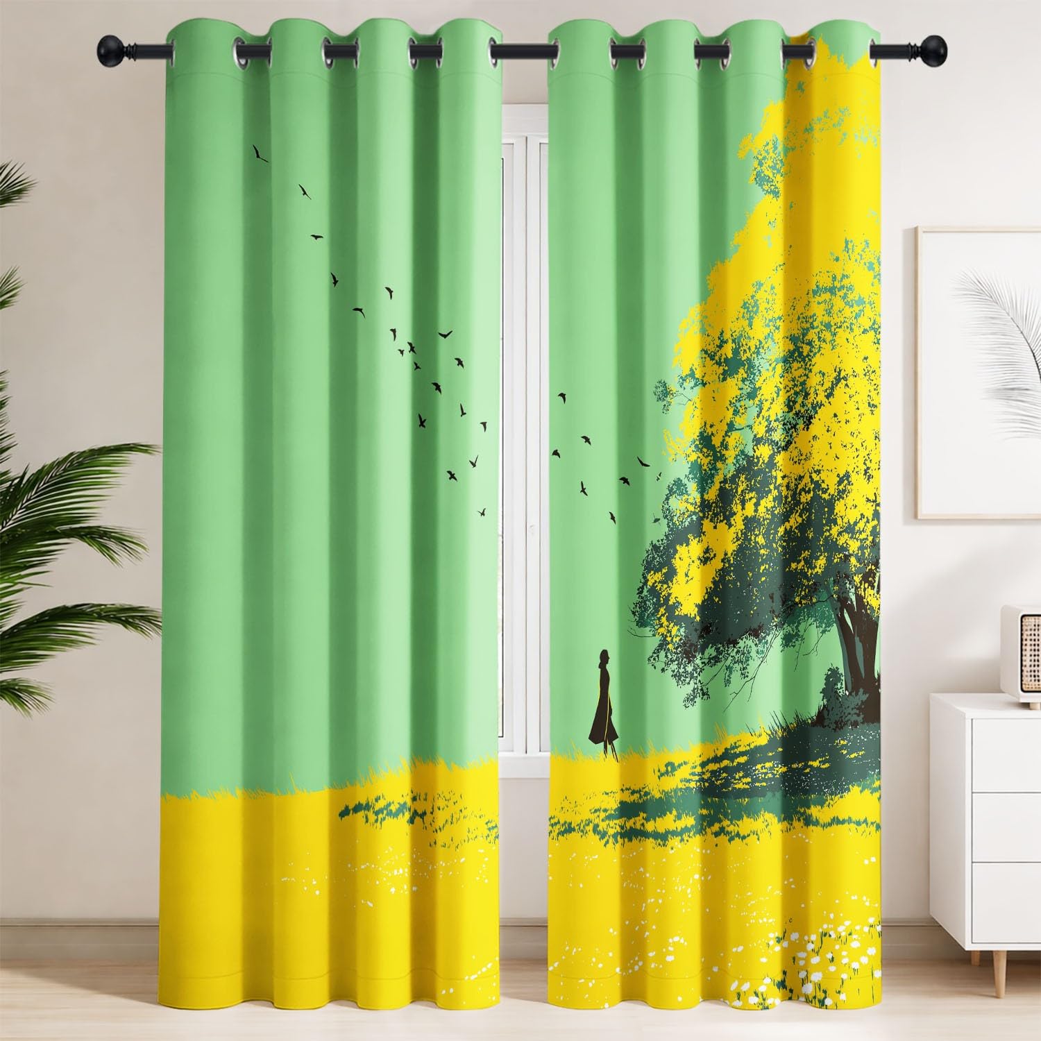 Rideau occultant vert doré 140x145 cm | Lot de 2 rideaux thermiques à oeillets automnaux
