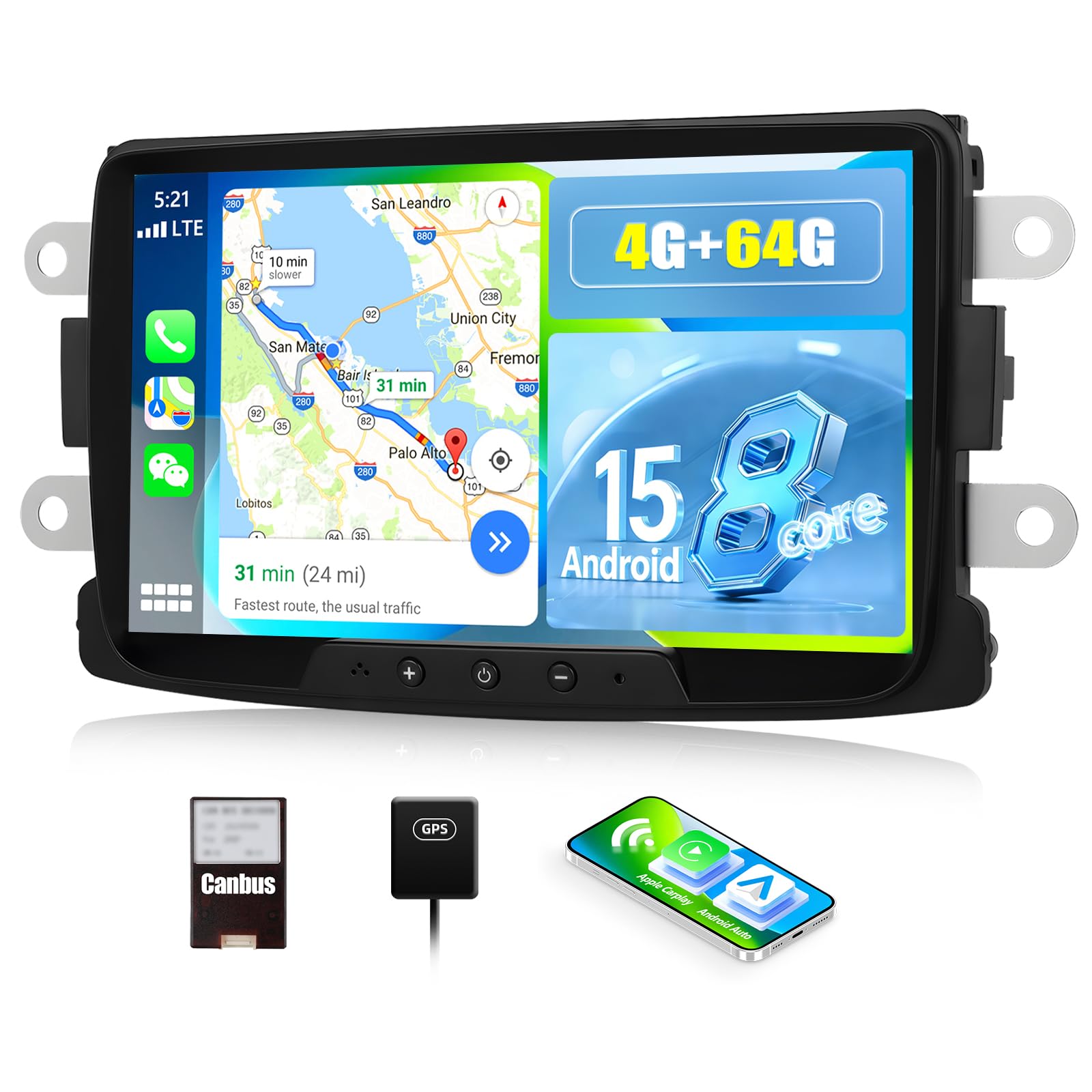 SIXWIN 4+64G 8-Core Android 15 Radio Coche para Renault Dacia Duster Sandero Logan Dokker con CarPlay Android Auto DSP,8 Pulgadas Pantalla Táctil,1280 * 720,con GPS WiFi BT USB FM RDS Radio