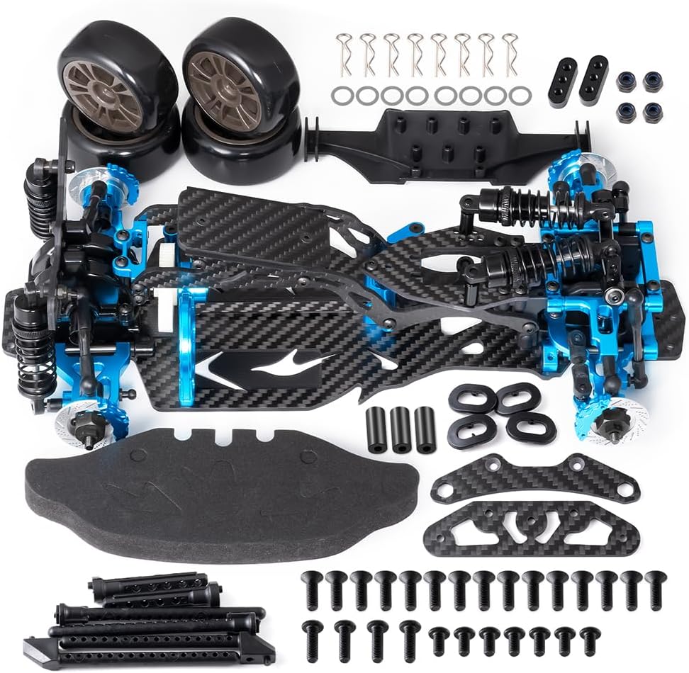 MORLORDY Alloy Metal & Carbon Fiber RC Chassis Frame Kit for Sakura D5 Standard or MINI MR 1/10 RC Flat Road Drift Car, with 4Pcs Wheels Tires Set & Shocks (Sakura D5 MINI + MR)