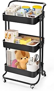 WASJOYE 3-Tier Metal Rolling Utility Cart with Lockable Casters, Rolling Wire Slim Storage Utility Cart for Home Kitchen Office(Modern Black)
