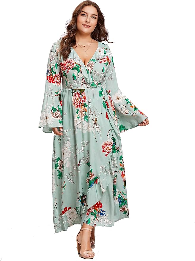 Milumia Women Plus Size Floral Flare Sleeves Easter Vintage Wrap Dress Aqua 2X at Amazon Womenâs 