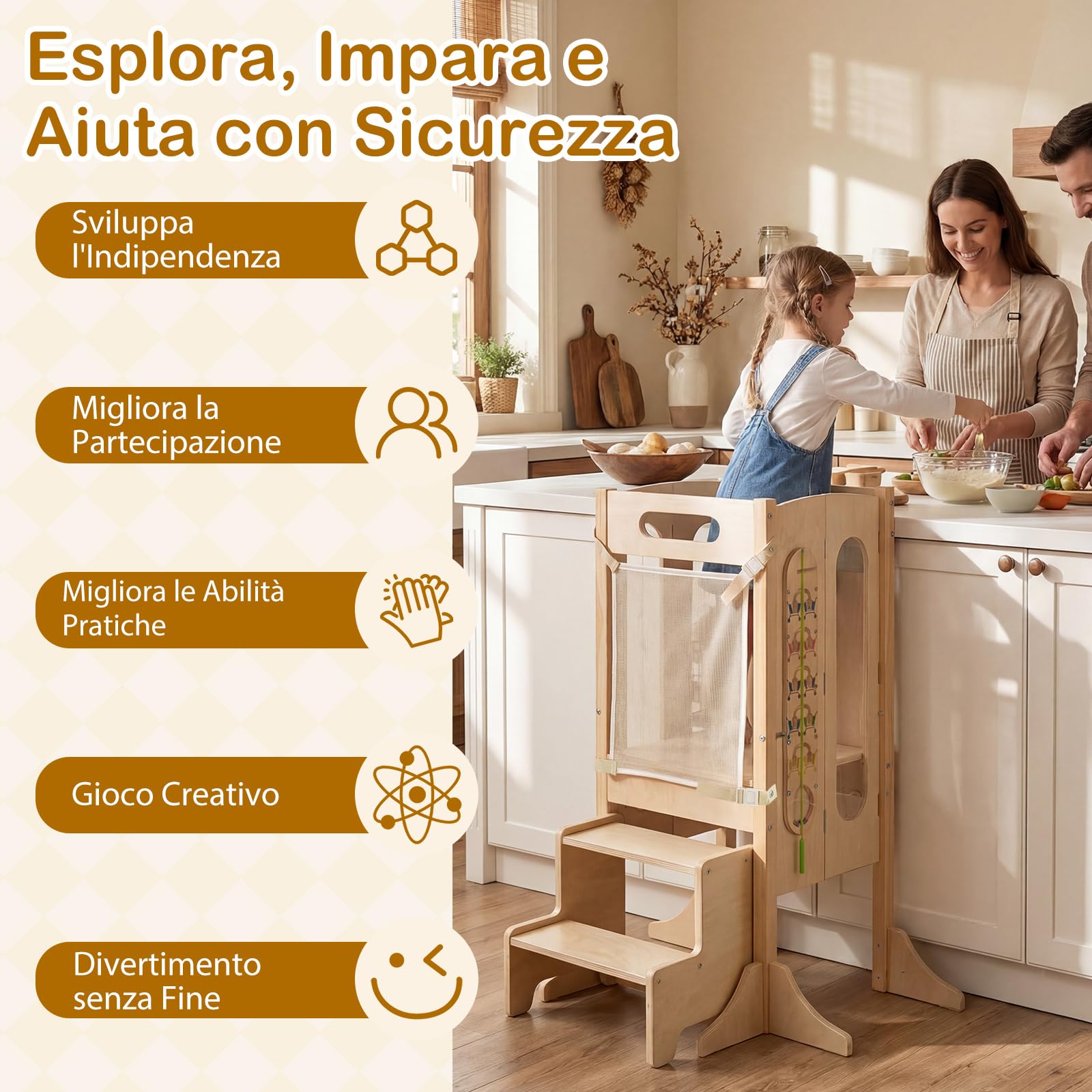 COSTWAY Torre Montessoriana Pieghevole per Bambini, Sgabello da Cucina in Legno con 2 Scalini e Rete Sicurezza, Torre di Apprendimento Montessoriana con Lavagna e Giochi Sensoriali per Bambini 3+ Anni