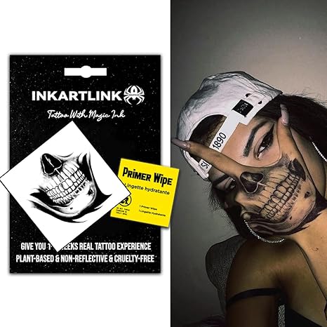 INKARTLINK Temporary Tattoos, Semi Permanent Tattoos, Adult Art Designs, Waterproof Temporary Tattoos, Party Favors, Tattoo Stickers Realistic, No Adhesive, Lasts 1-2 Weeks (Skull Mask)