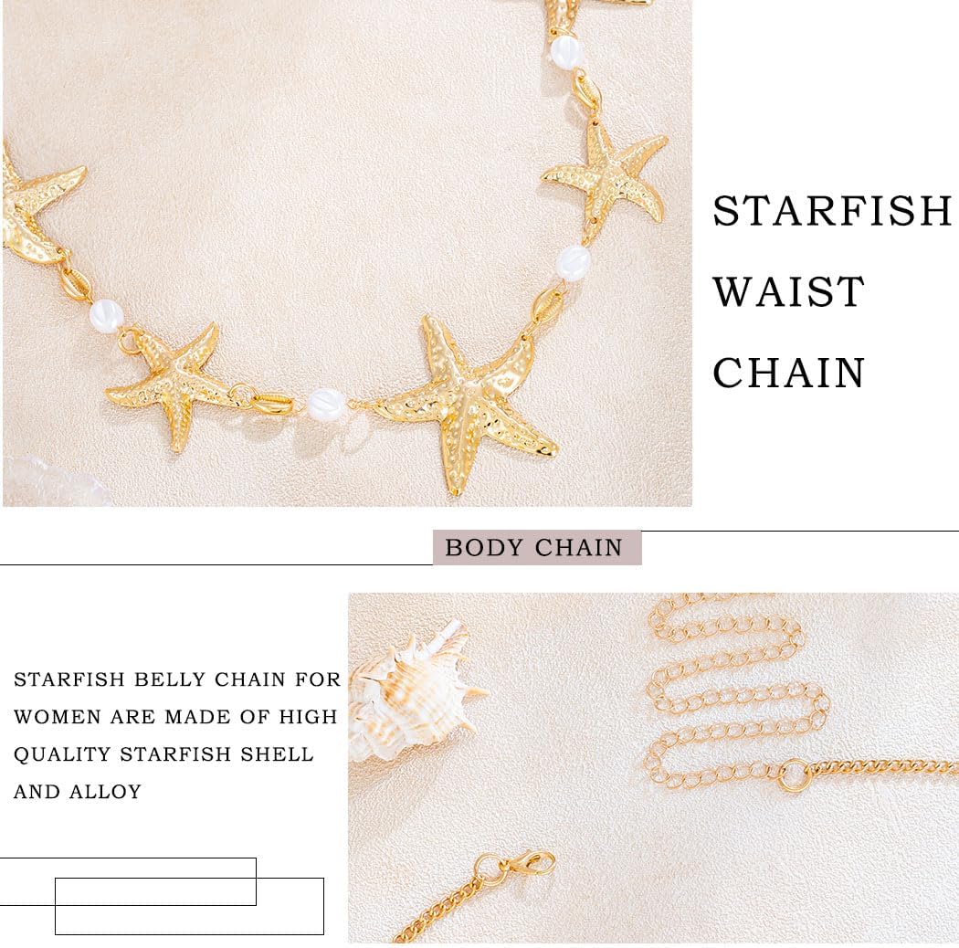 CanB Boho Starfish Waist Chain Mermaid Shell Belly Chains Starfish Shell Body Chain Beach Bikini Body Accessories for Women