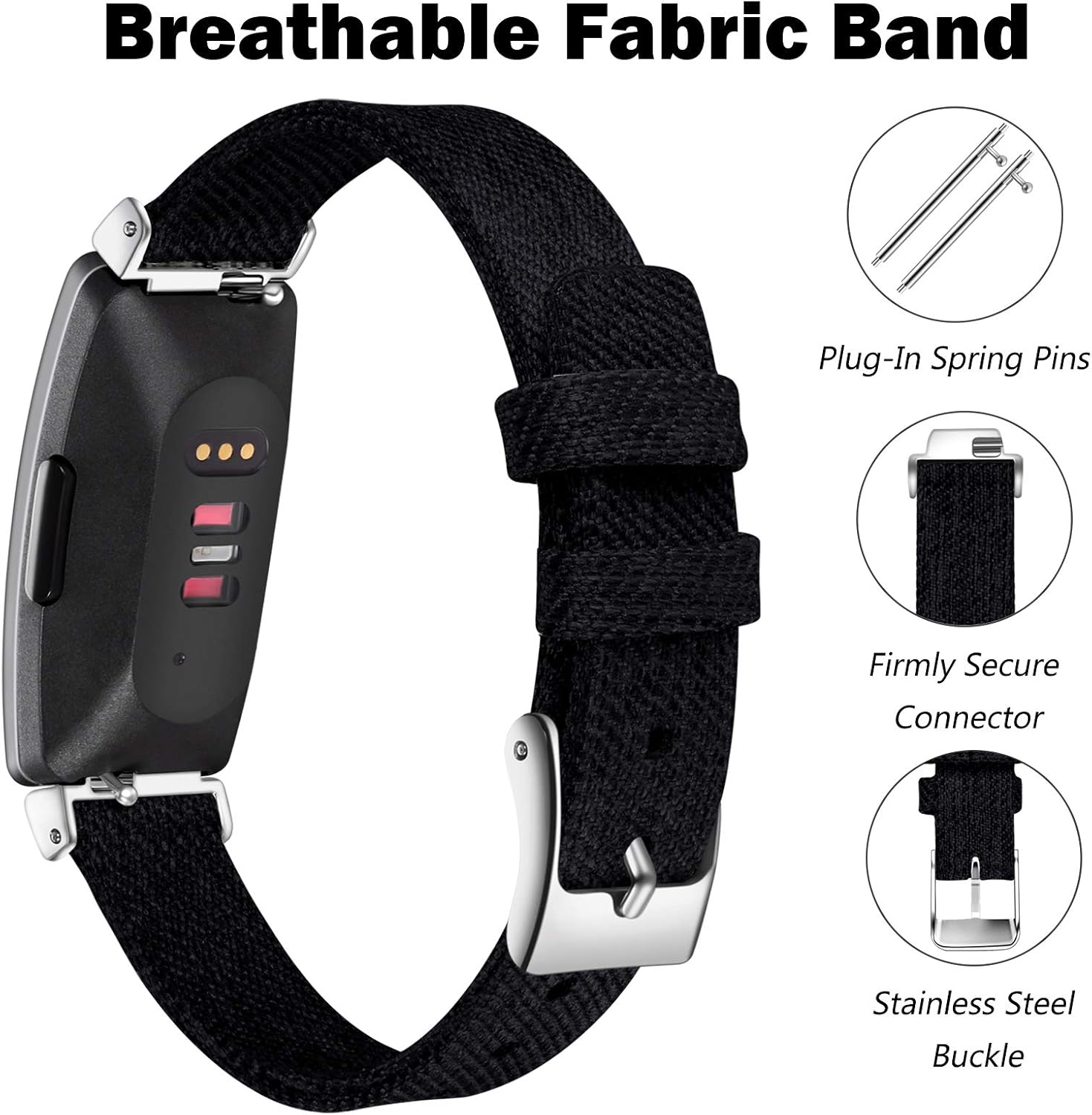(2 Pack) Witzon Compatible with Fitbit Inspire 2 / Inspire/Inspire HR Bands for Women Men, Woven Fabric Canvas Replacement Wristbands for Fitbit Inspire Accessories Black Charcoal, Small