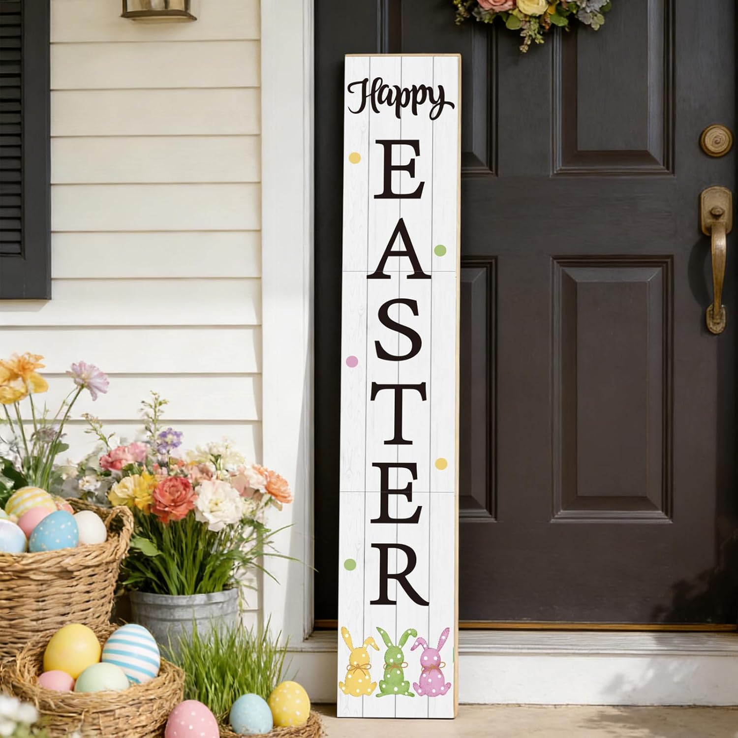 YUNKKIN Easter Porch Decor Easter Porch Sign Outdoor Decorations Bunny Welcome Wooden Door Decorations Indoor Outside Rustic Welcome Sign for Front Door 46.8 Inch Style 3