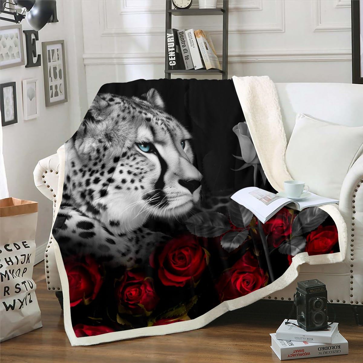Leopard Blanket Throw Red Rose Sherpa Blanket African Safari Animals Fleece Blanket for Kids Adults Rose Floral Cheetah Jungle Wildlife Print Fuzzy