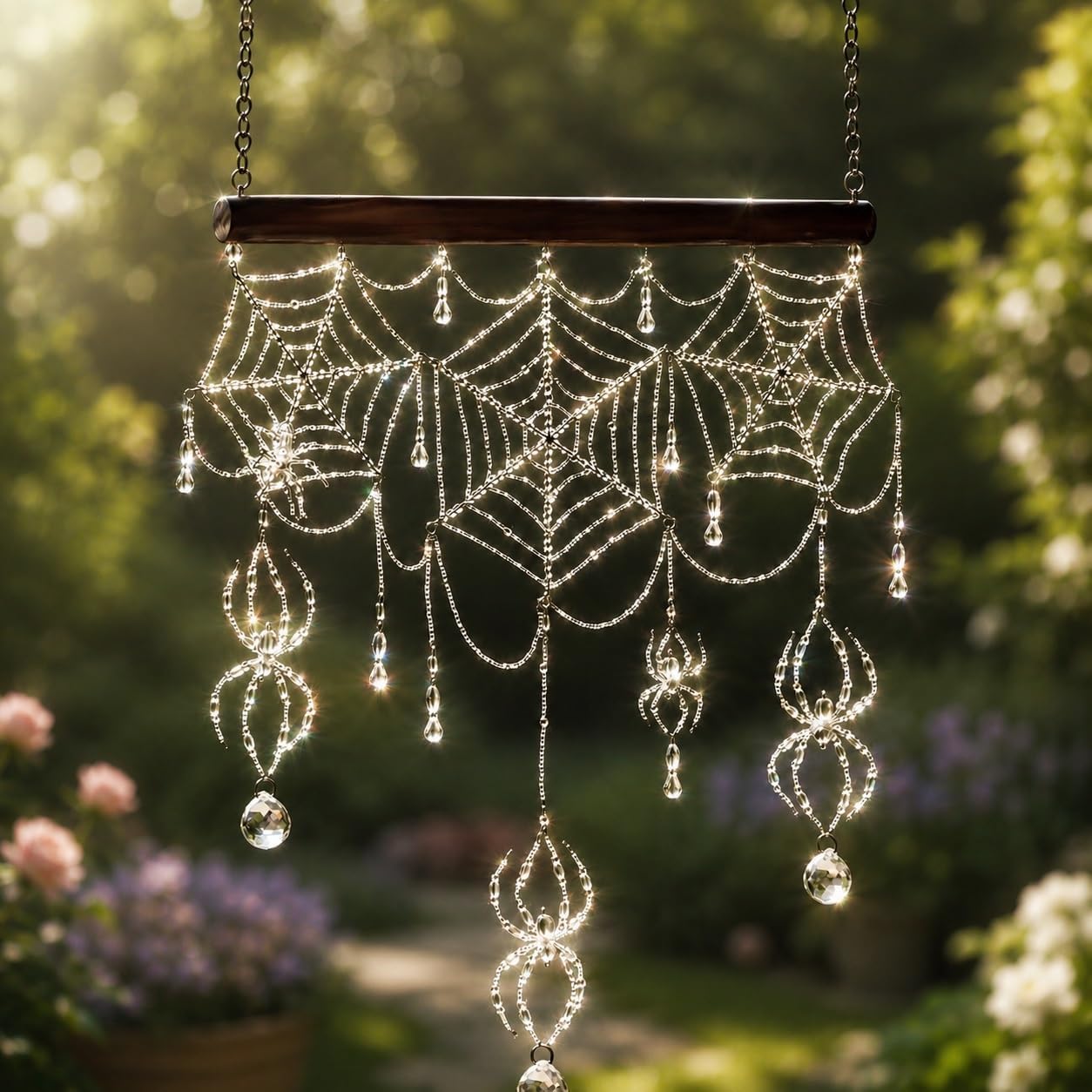 Halloween 3D Beaded Spiderweb Suncatcher DIY Craft Kit, Handcrafted Gothic Crystal Spider Web Wind Chime Glass Crystal Beading Set Indoor Outdoor Window Hanging Decoration for Halloween Display
