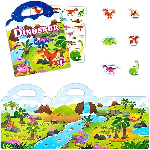 Yamsop Libros de calcomanías reutilizables para niños, libros de calcomanías de dinosaurio, libro silencioso de gelatina con calcomanías hinchables