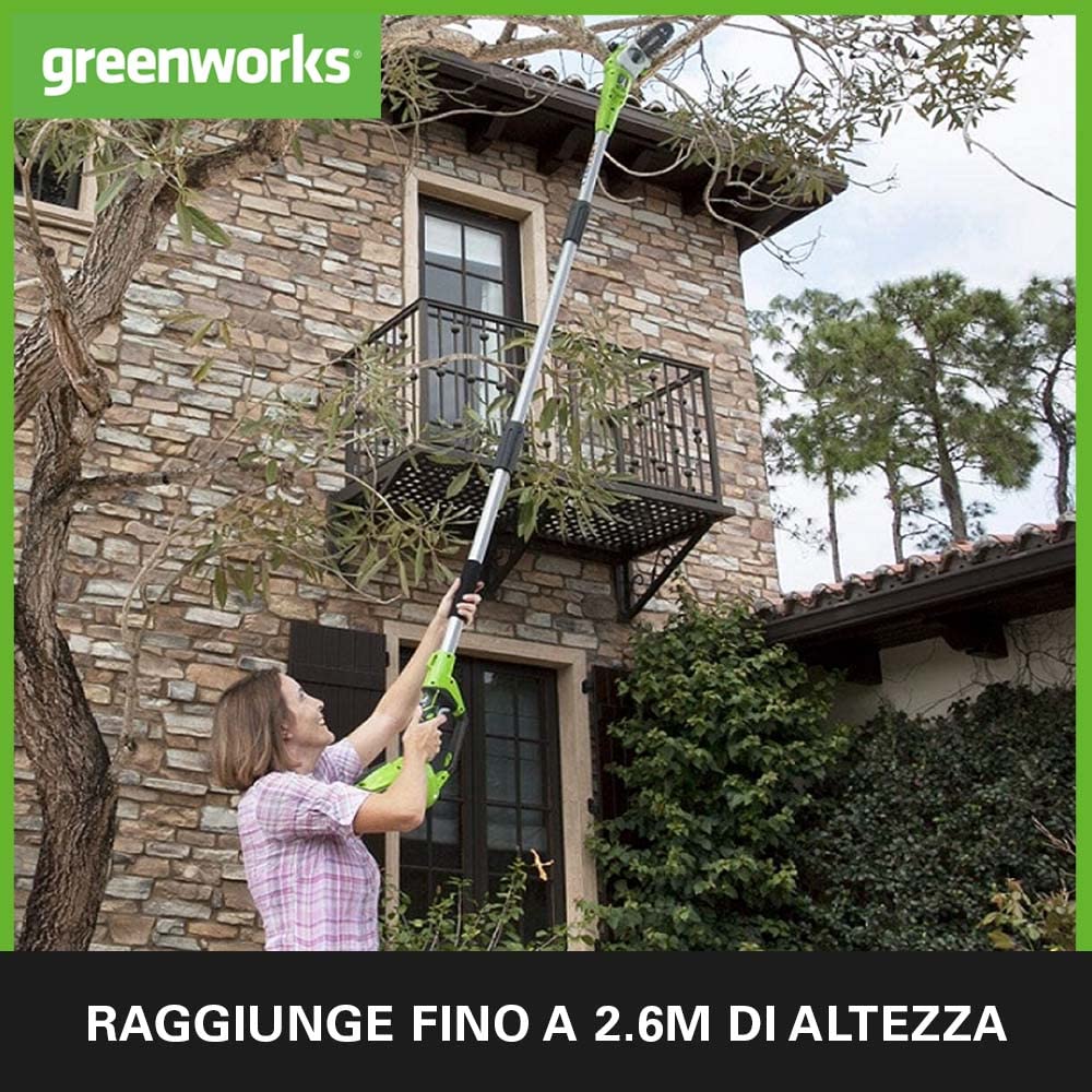 Greenworks G24PS20 Sega Potatrice telescopico a Batteria, Lunghezza Barra 8 Pollice (20cm), Velocità Catena 6,7m/s, 3,2kg, Asta 2.6m, SENZA Batteria 24V e Caricabatterie, Garanzia 3 Anni
