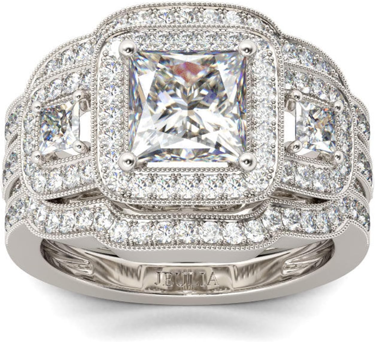 Jeulia 3PCS Diamond Wedding Ring Set for Women Sterling Silver Halo Princess Cut 2.8ct Ring Engagement Moissanite Band Bridal Set Valentine's Anniversary with Jewelry Gift Box