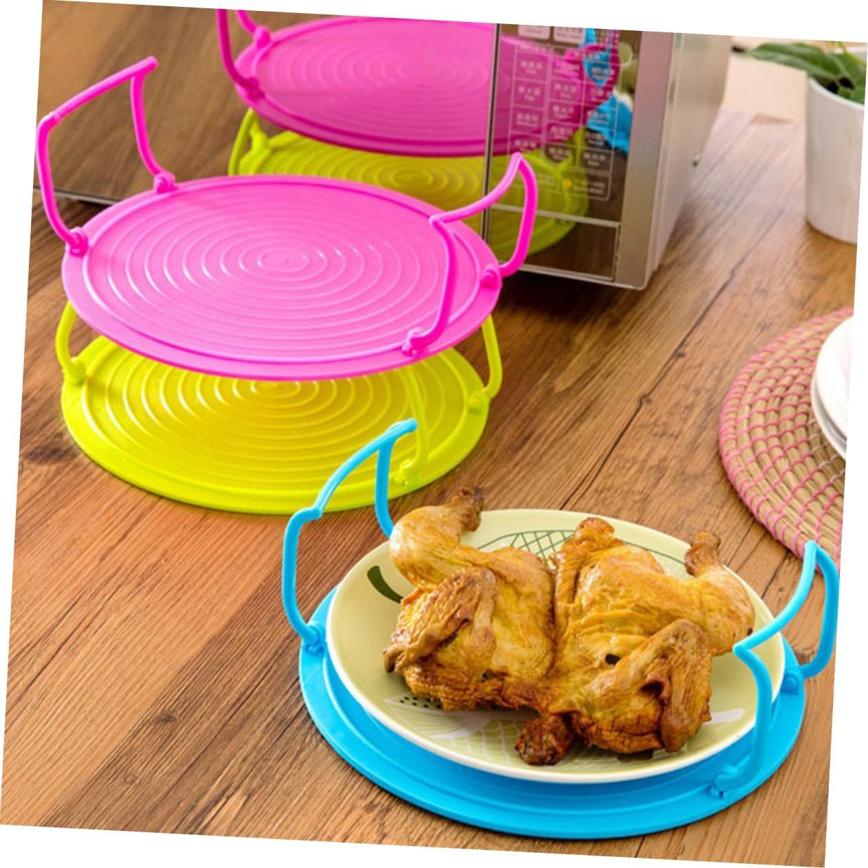 3pcs Multifunctional Kitchen Storage Rack Layered Microwave Plate Stacker for Steaming and Cooling Food Tray Organizer Blue Green