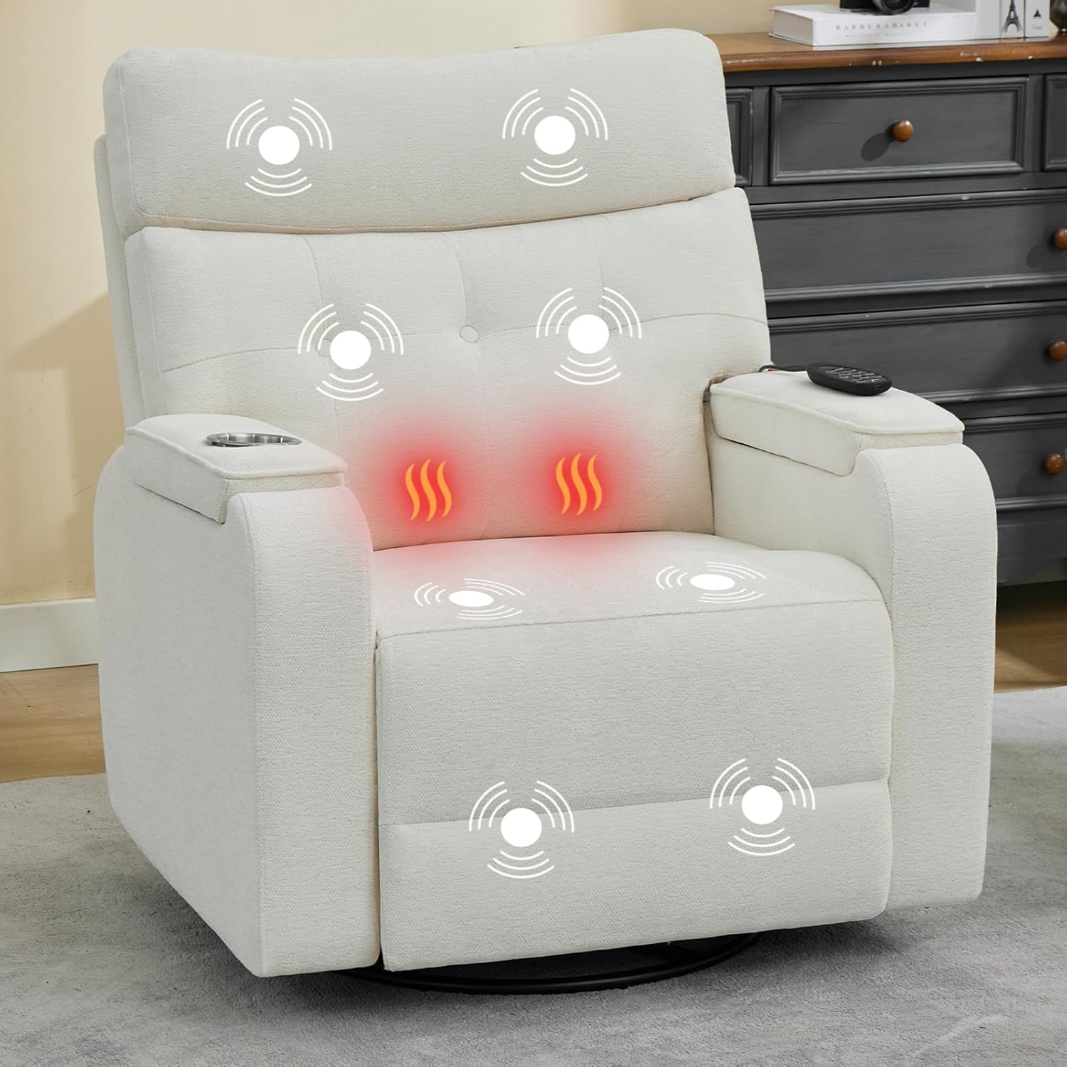 Swivel Power Recliner with Massage & Heat, Power Rocker Recliner with Type-C Port & Timing, Oversized Rocking Recliners with Dual Storage Arms & Cup Holder for Living Room, Chenille White