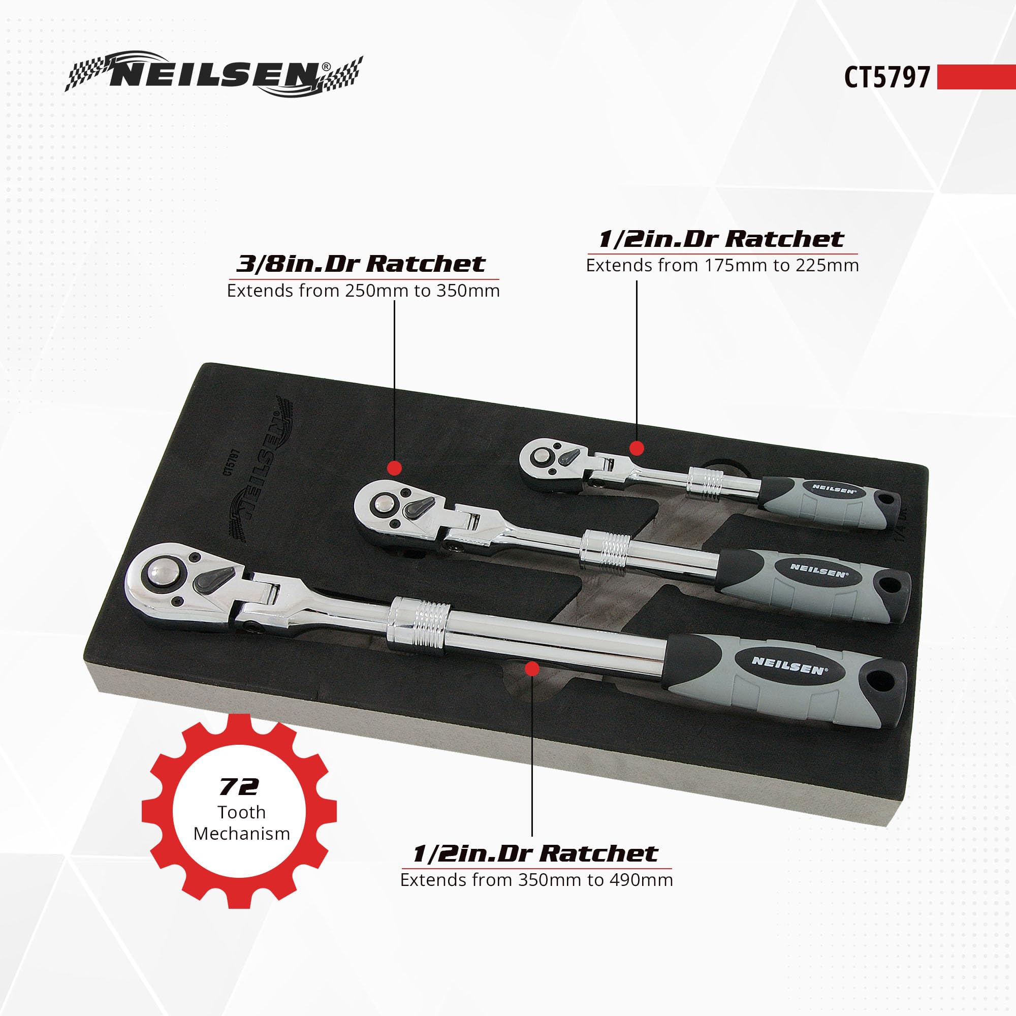 Neilsen CT5797 Juego de trinquetes extensibles 3 piezas cabezal giratorio 18 grados accionamiento 1/10.2 cm 3/20.3 cm 1/5.1 cm mecanismo 72 dientes