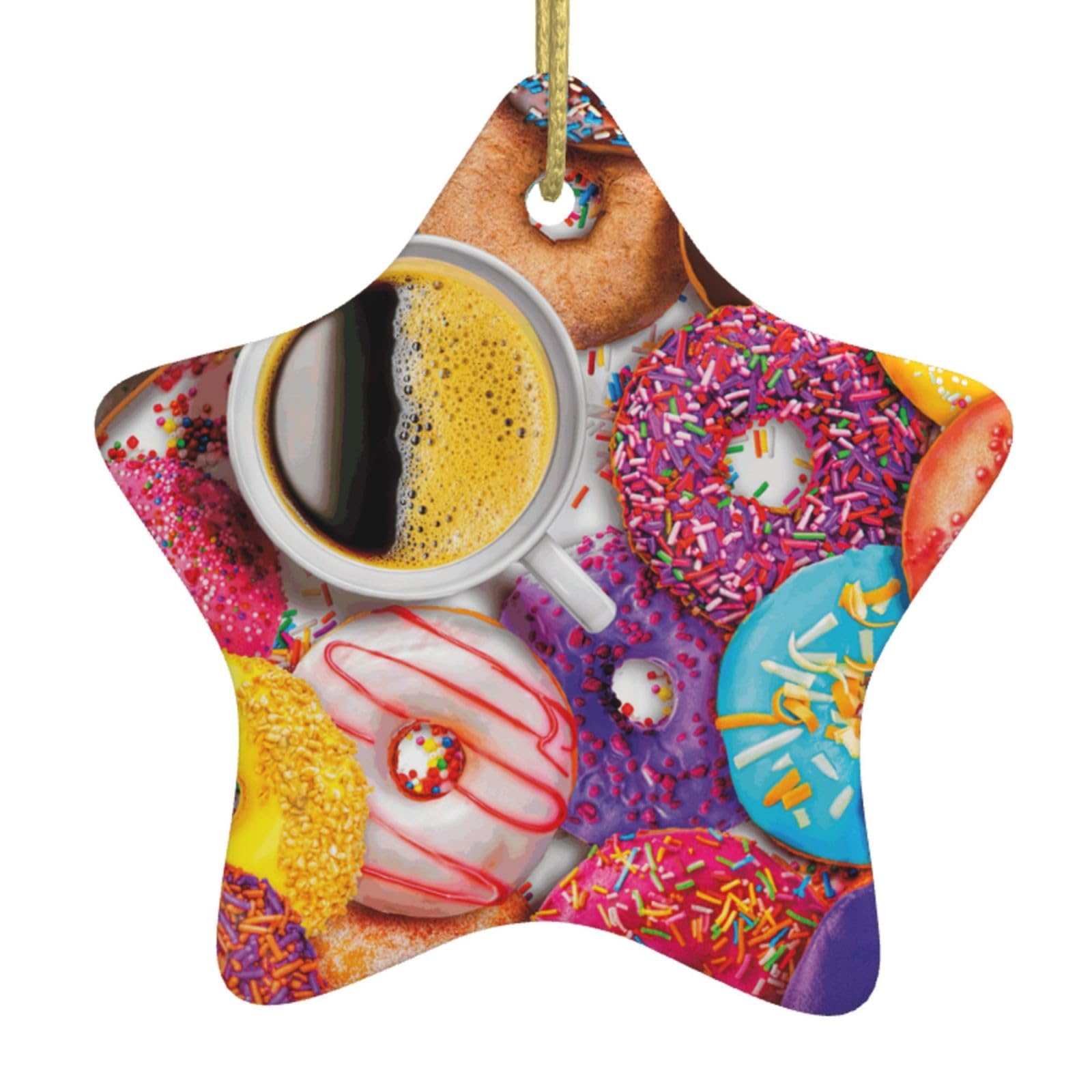 Coffee And Donuts Print Christmas Ornaments, Ceramic Hanging Ornament, Round Shape Decorations