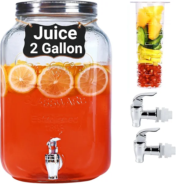 2 Gallon Drink Dispensers for Parties - Sun Tea Glass Jar for Outside 100% Leakproof Beverage Dispenser, 2 Press-Spigots(Easy for kids) Fruit Infuser, Chalkboard Mason Jar Drink Dispensers with Lids