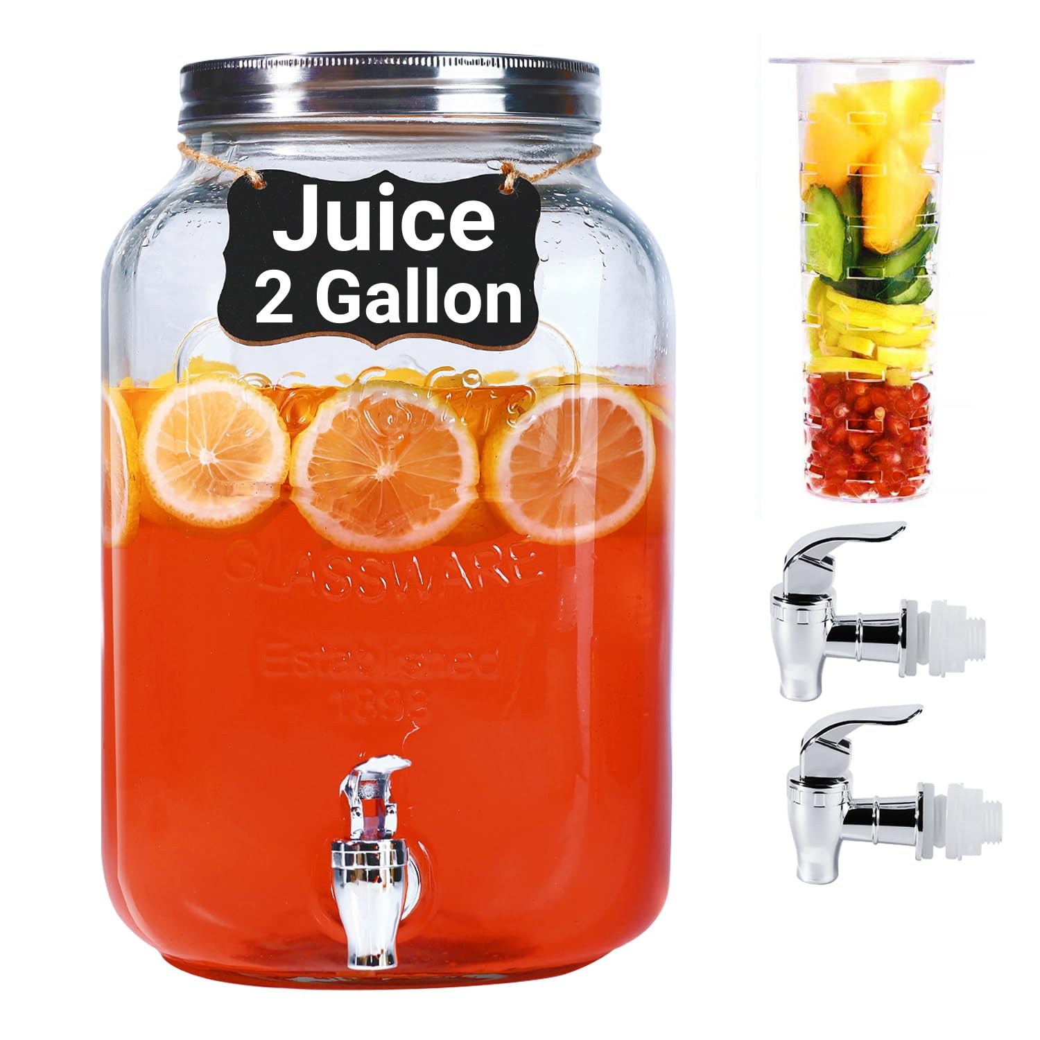 2 Gallon Drink Dispensers for Parties - Sun Tea Glass Jar for Outside 100% Leakproof Beverage Dispenser, 2 Press-Spigots(Easy for kids) Fruit Infuser, Chalkboard Mason Jar Drink Dispensers with Lids