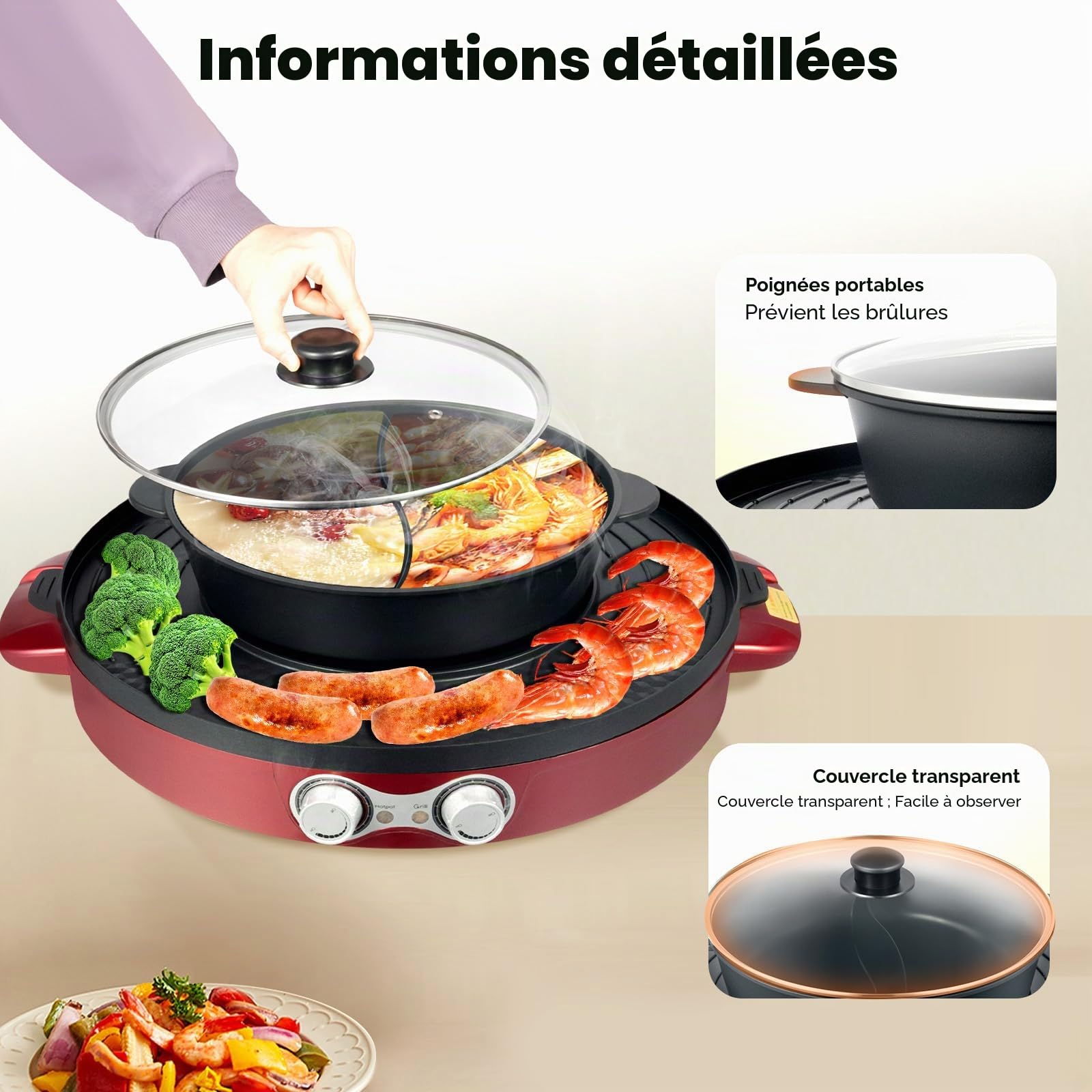 Hot Pot Poêle électrique 2200 W avec grille et séparateur multifonction 2 côtés antiadhésif et grille de table 2 en 1 pour 2 à 8 personnes Rouge 52 x 18,5 cm