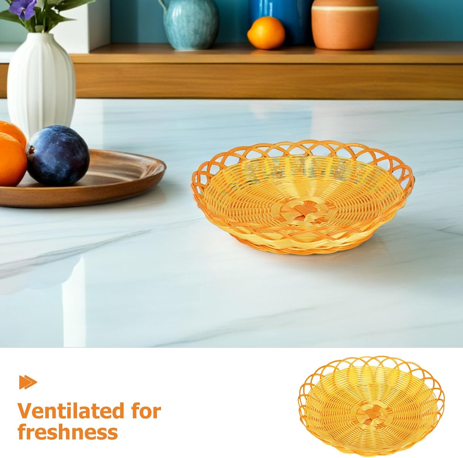 Alipis 12pcs round 20cm Imitation Rattan Woven Fruit and Bread Baskets Plastic Snack Serving Trays for Home Kitchen Restaurant Food Storage