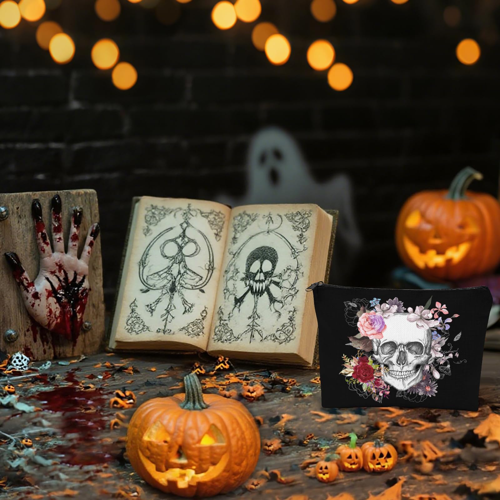 Halloween Skull Flowers Cosmetic Bags, Women Goth Floral Large Capacity Makeup Bag, Girl Gothic Skeleton Zipper Travel Bag - Image 4