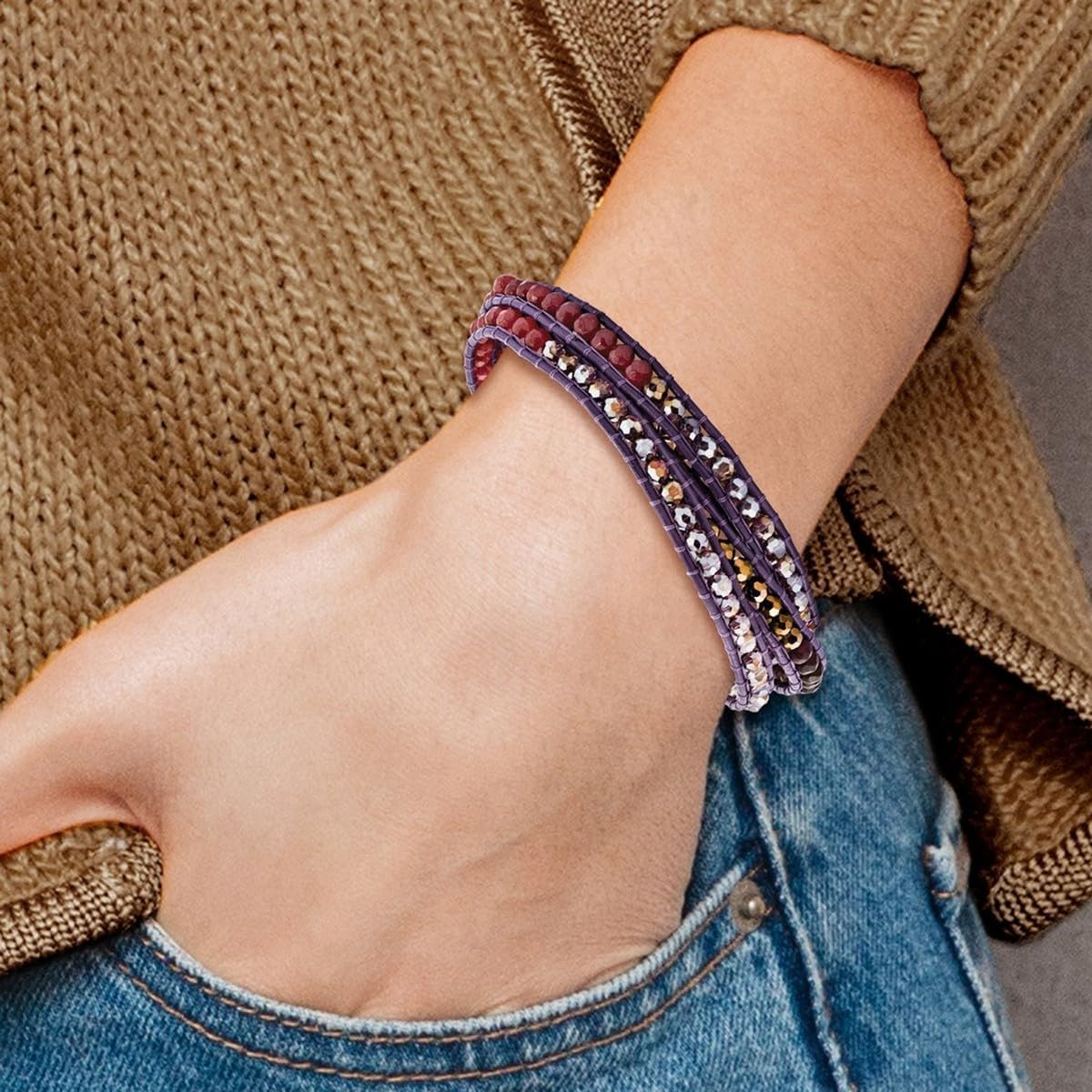 JewelryWeb Crystal and Multi Quartz Leather Multi-colored Multi-wrap Bracelet Wrap Bracelet for Women