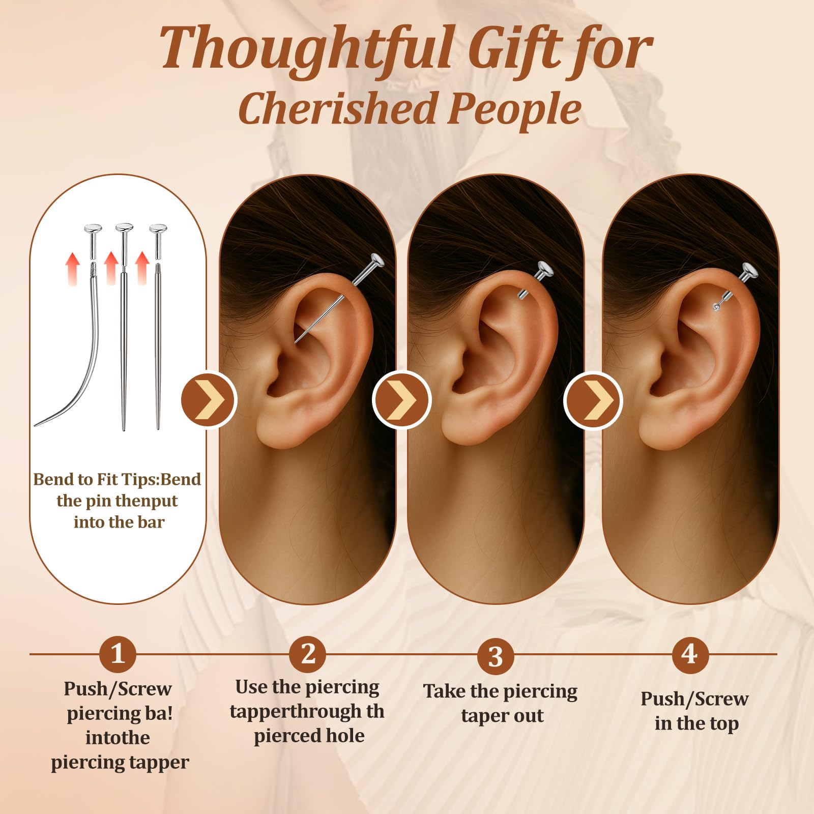 Piercing Taper Tool 18Pcs - 14G, 16G, 18G, 20G, Straight, Curved Needles - Piercing Insertion Tool Set for Nose Studs, Lip Rings, Earring - Changing Tool for Piercings