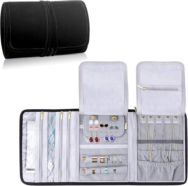Teamoy Jewellery Roll, Jewellery Wrap, Travel Jewellery Organiser with Various Departments, Velvet Material, Black