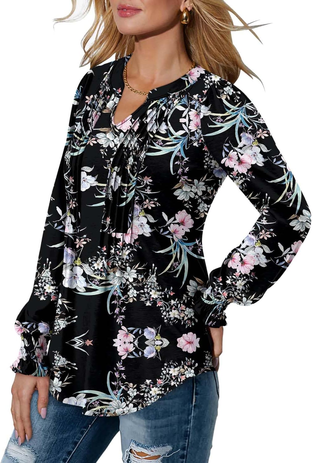 BETTE BOUTIK Long Sleeve Shirts for Women Fall Tops Dressy Blouses Pleated V Neck Tunic Tops for Leggings S-3XL - Image 4