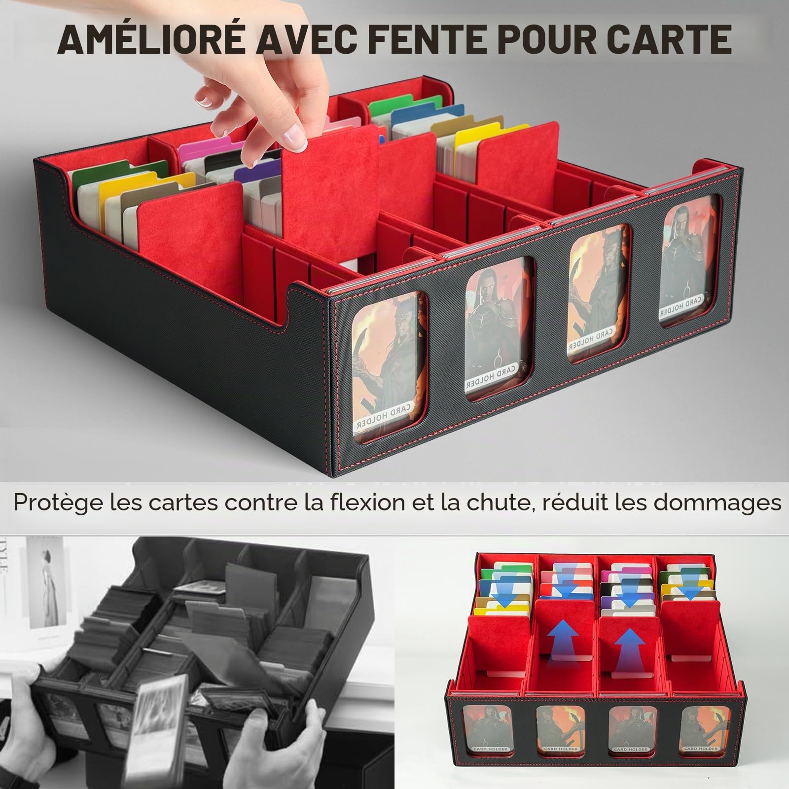 Boîte de rangement pour deck MTG - Capacité de 3000+ cartes avec 24 séparateurs et fenêtres d'affichage pour cartes TCG et YuGiOh (Noir & Rouge)