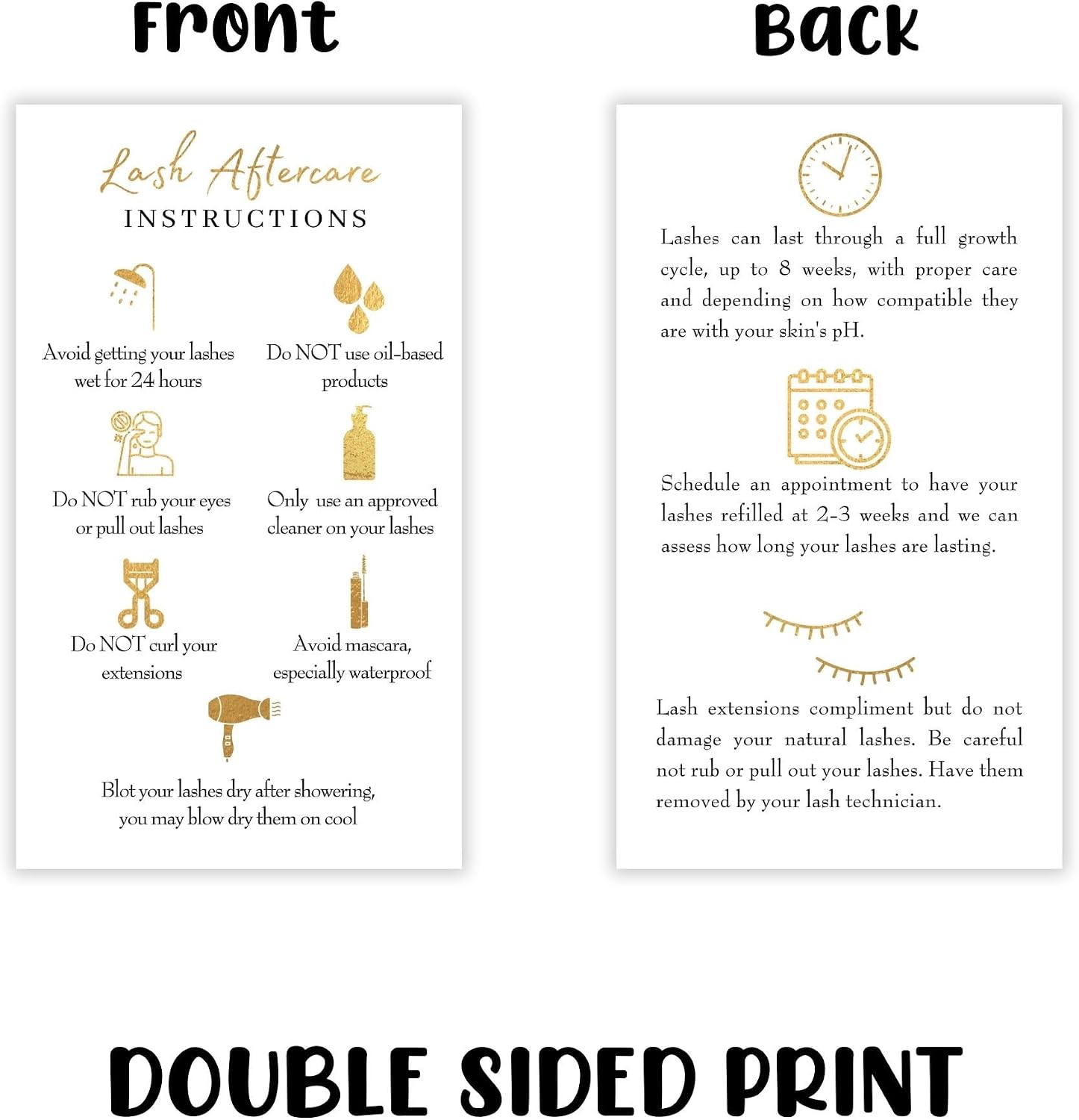 Lash Extension Aftercare Instructions Cards | 50 Pack | Size 3.5x2" inches After Care (2-3 Week Fillers) | White with Gold Icons Design