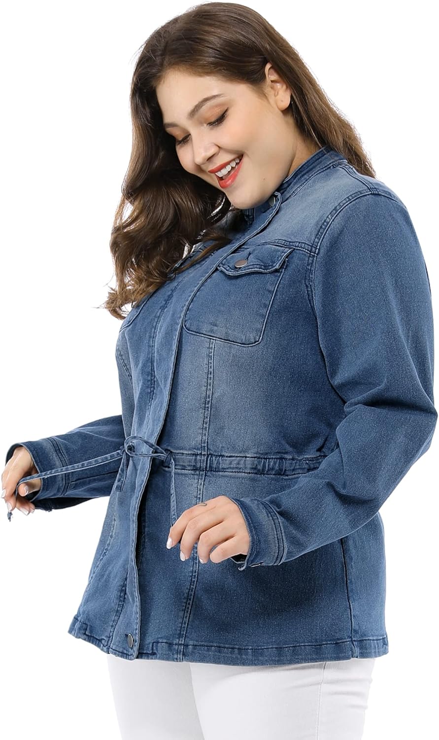 Agnes Orinda Women's Plus Size Denim Jacket Stretch Stand Collar Zip Drawstring Jean Jackets 2024 - Image 5