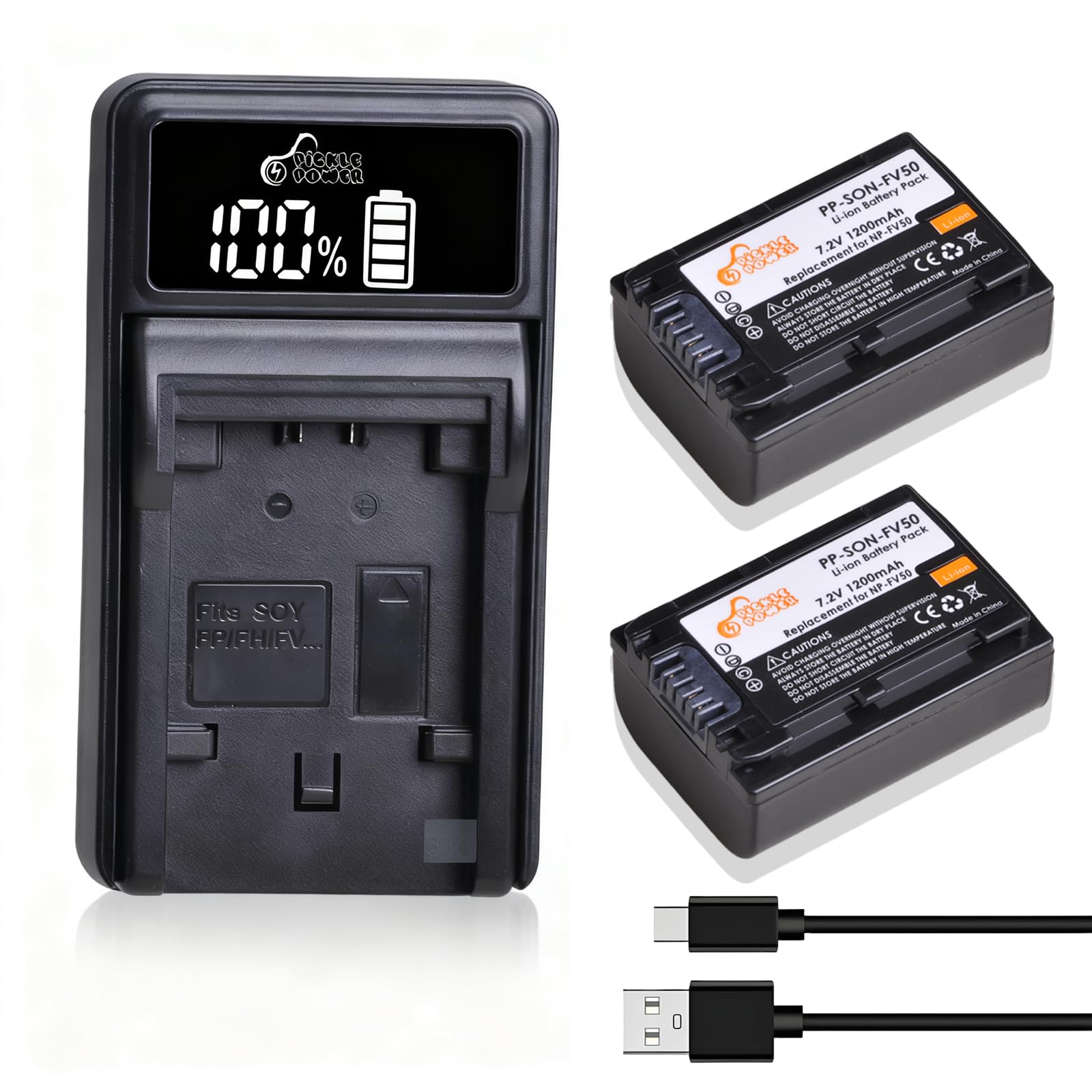 Pickle Power 2 Pack NP-FV50 Battery and Charger Set for Sony NP-FV30,NP-FV40,NP-FV50 Batteries, FDR-AX53 HDR-CX230 HDR-CX220 CX330 CX380 CX455 CX900