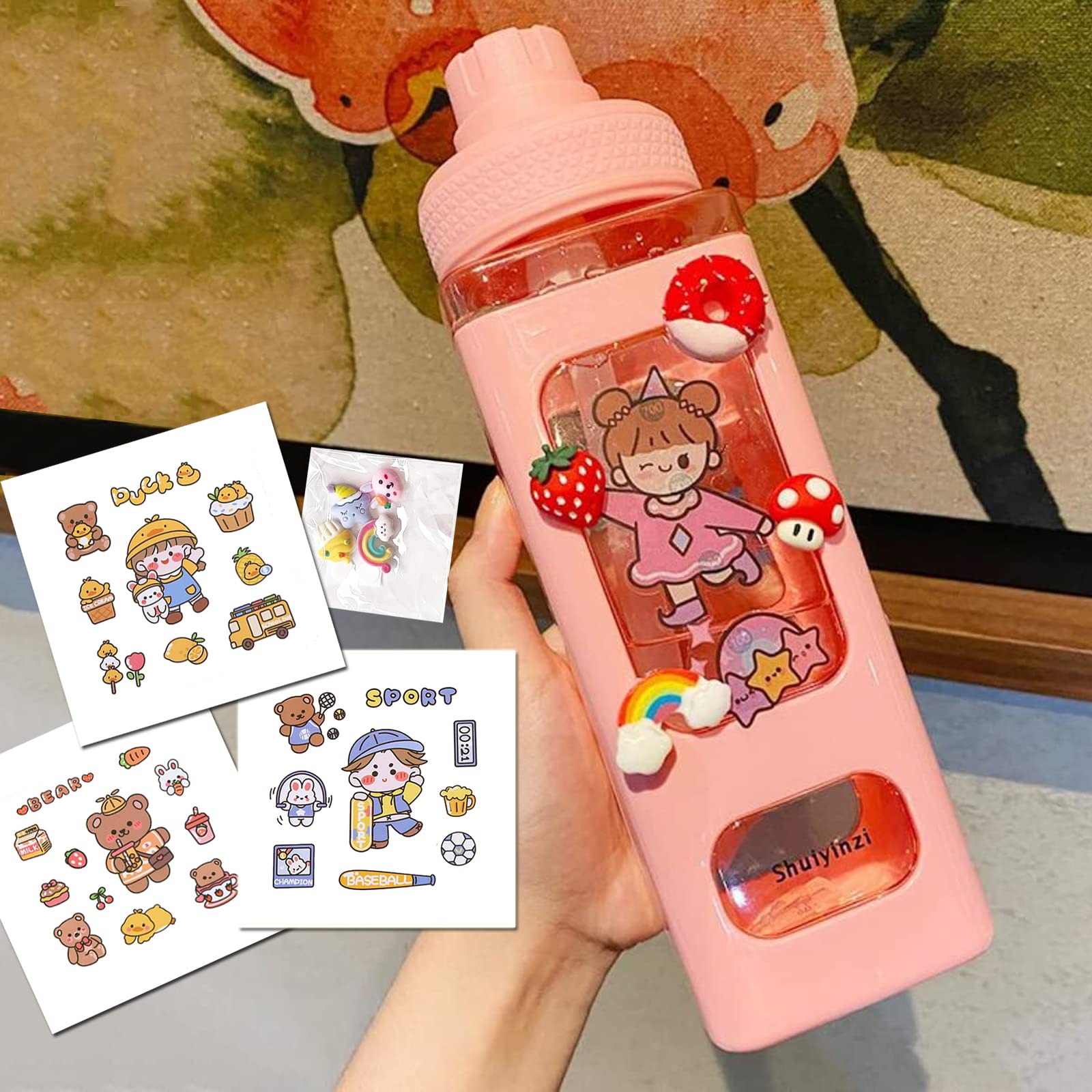 Amazon.com: 24 OZ Kawaii Water Bottle with Straw Stickers Cute Girls Kids  Water Bottles with Adjustable Shoulder Strap & 3D Stickers, BPA Free Square Drinking  Bottle Leakproof Water Jug for School (Pink -