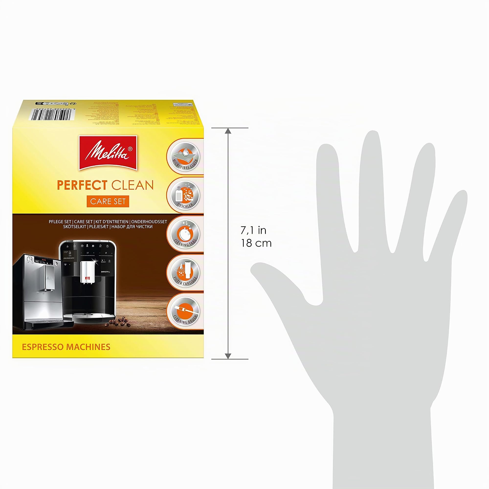 Melitta Kit d'Entretien, Pour Machines à Café Automatiques, 1 Détartrant, 4 Pastilles de Nettoyages, 1 Cartouche Filtrante, 1 Tissu Microfibre, 1 Brosse