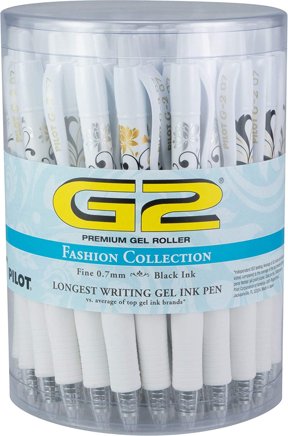 PILOT G2 Fashion Collection White Refillable & Retractable Rolling Ball Gel Pens, Fine Point, Gold/Silver Design Barrels, Black Ink, Tub of 36 (8036)