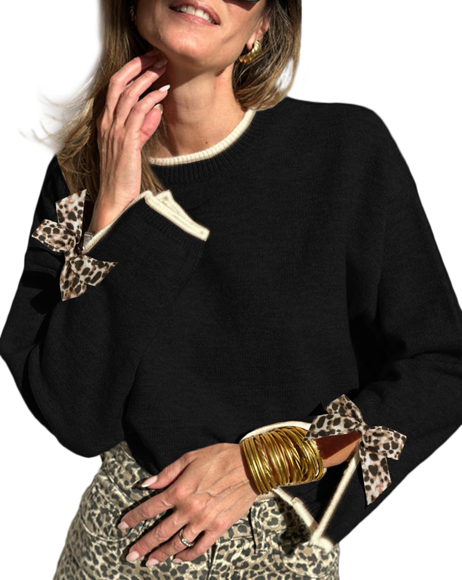 Apvirdy Womens Leopard Bow Sweater Contrast Trim Pullover Sweaters Solid Color Split Cuffs Long Sleeve Knit Top Fall