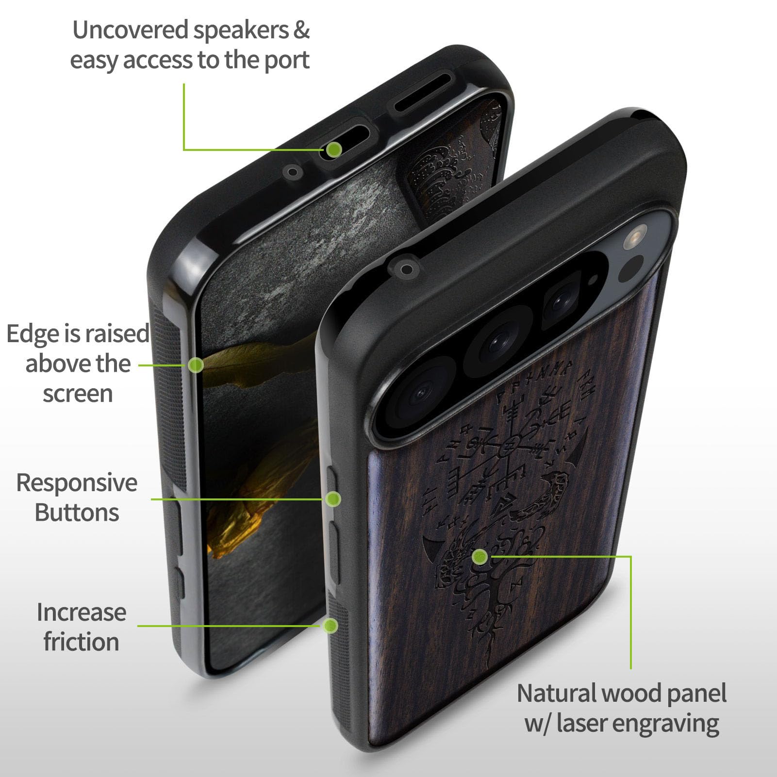 Carveit Custodia In Legno Con Magneti Per Google Pixel 9 Pro XL - Compatibile MagSafe - Incisione Laser Onde - Nero - 2