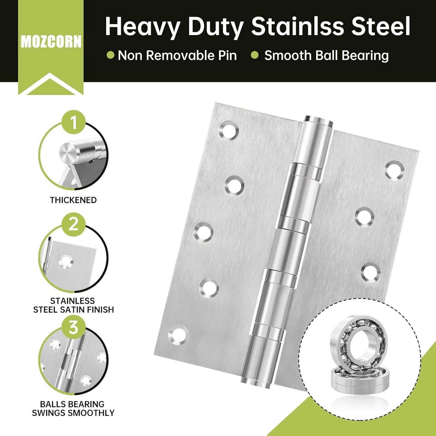 5" Ball Bearing Door Hinges 6 Pack, Heavy Duty Stainless Steel Hinge 5 x 4 Inch for Interior Exterior Doors, with Stainless Steel Screws, Silver
