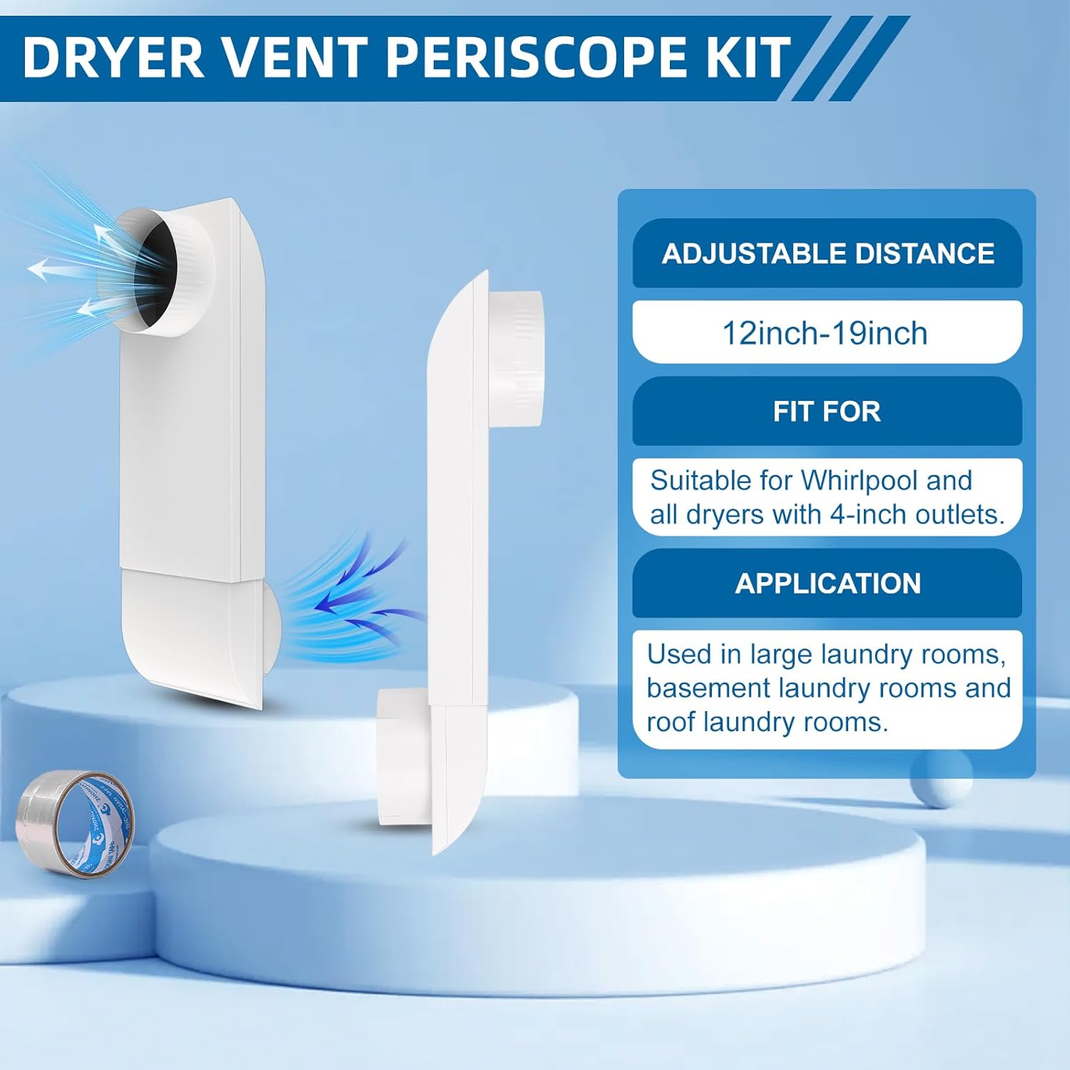 12in-19in Adjustable Periscope Dryer Vent，Telescoping Dryer Vent Kit, Upgraded 304 Stainless Steel Dryer Vent, for Tight space duct dryer vent pipe 4 Inch dryer exhaust vent (white baked paint)