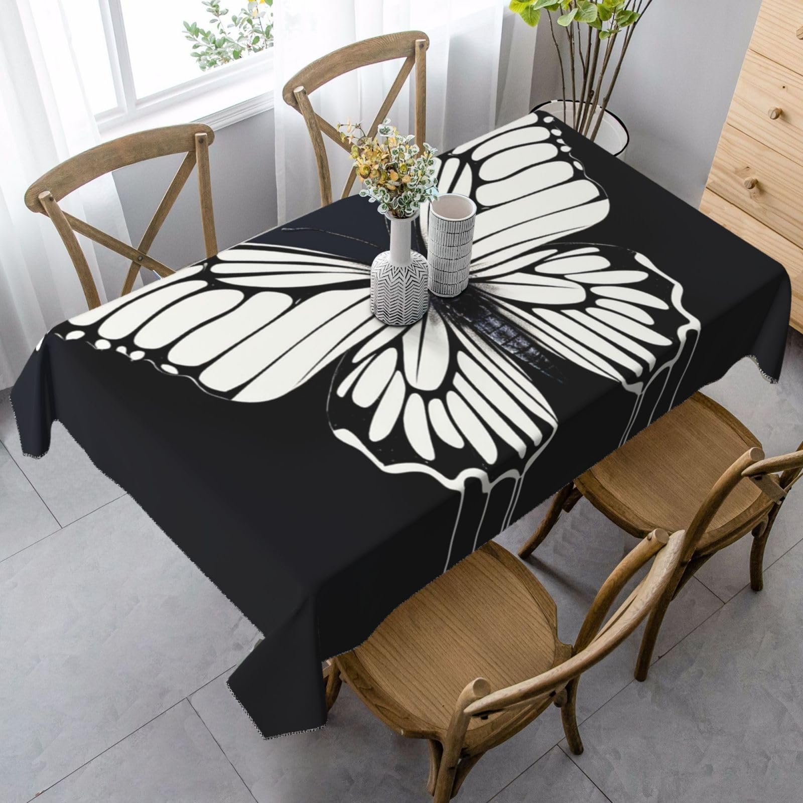Nappe de table de salle à manger robuste motif papillon noir et blanc
