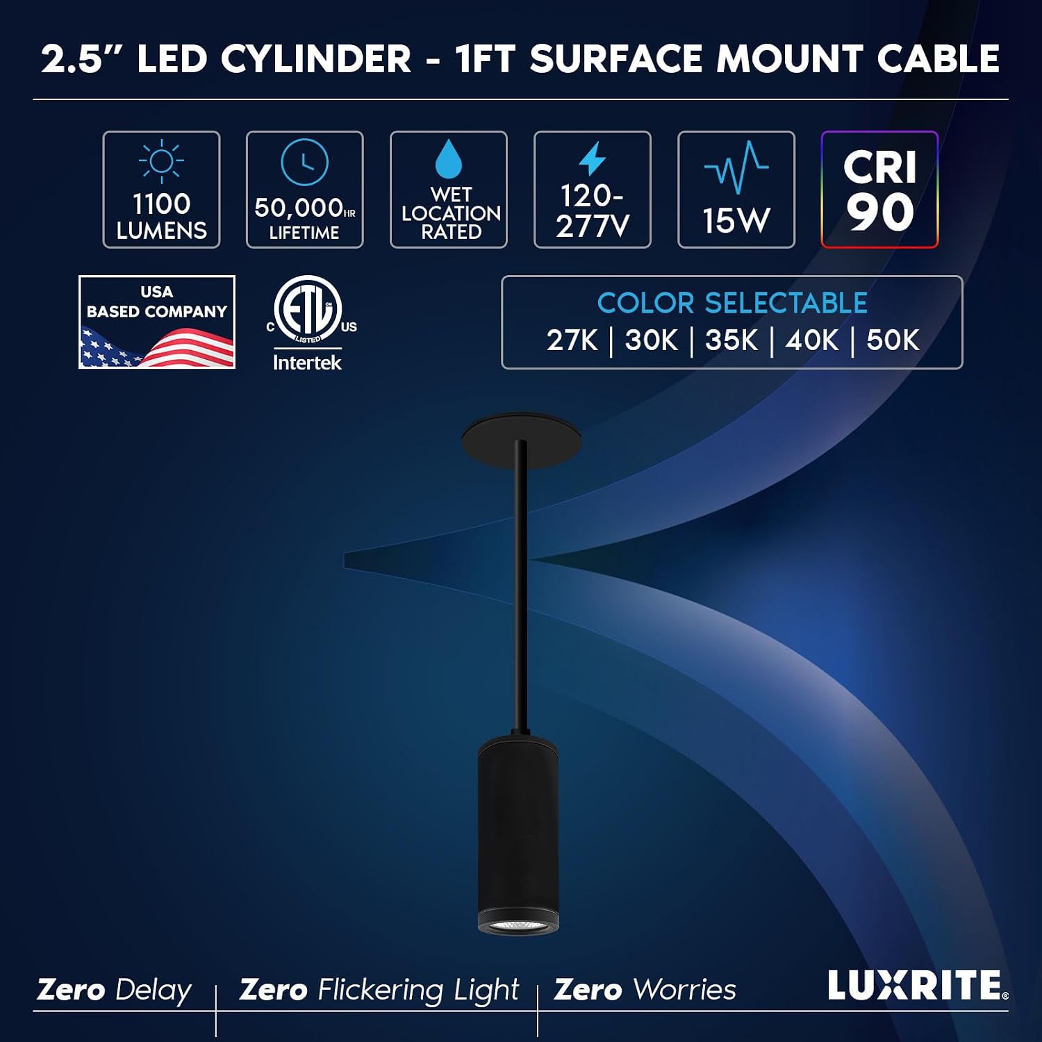 LUXRITE 2.5-Inch LED Cylinder Pendant Light with 1FT Surface Mount Cable, 5CCT 2700K-5000K Selectable, CRI90, 1100LM, 15W, TRIAC/0-10V Dimmable, Universal Voltage 120V-277V, IC Rated ETL, Black Finish