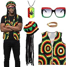 Rasta Costume Set, Jamaica Reggae Hippie Costume Accessories with Vest, Jamaican Hat, Glasses, Bracelet, Necklace, Dreadlocks, Wig for Women, Men, Carnival, Cosplay, Party, Masquerade, Fancy Dress